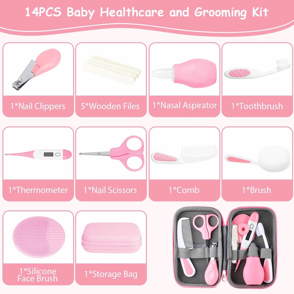 flintronic Set para Cuidado del Bebé, 14 en1, Kit de Cuidado e Higiene para Bebés, Peine, Cepillo, Cepillo de Dientes de Dedo, Cortaúñas(de Madera), Tijeras para Viaje y el Uso Diario, Rosa