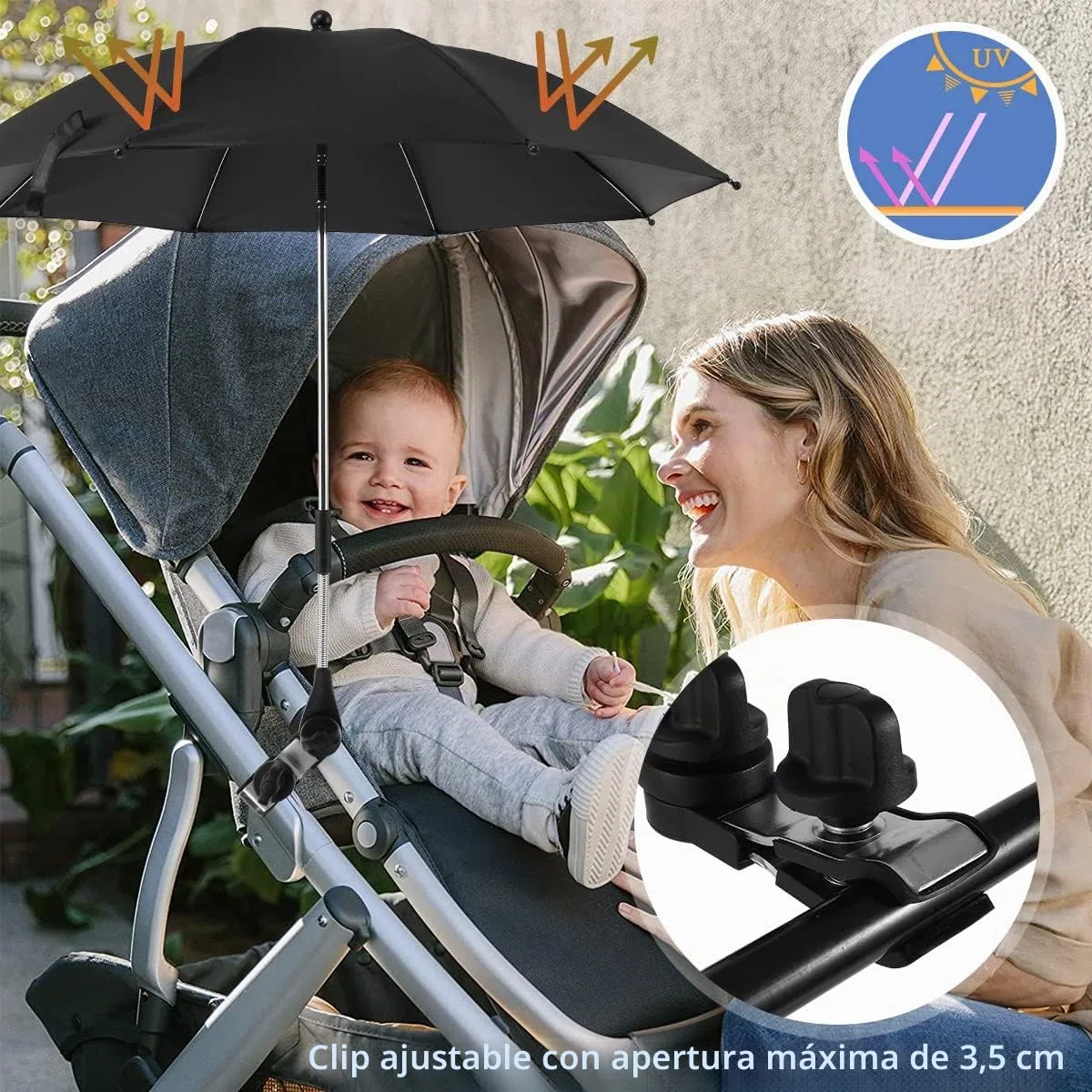 Parasol universal UV 50+ con pinza ajustable y brazo flexible para cochecito, bicicleta, silla de ruedas, silla de playa, Negro , 85CM(B)