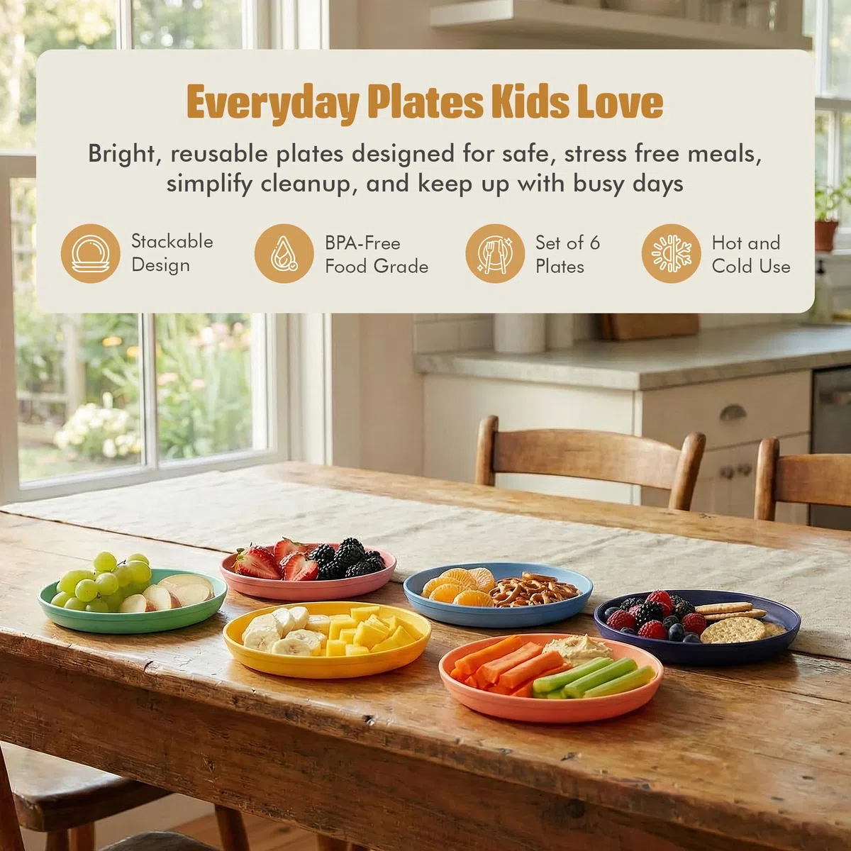 MASTERCOOK Juego de platos para niños, 6 platos de plástico reutilizables, plástico de grado alimenticio sin BPA, apto para lavavajillas y microondas, juego de platos multicolor para niños, 7 pulgadas