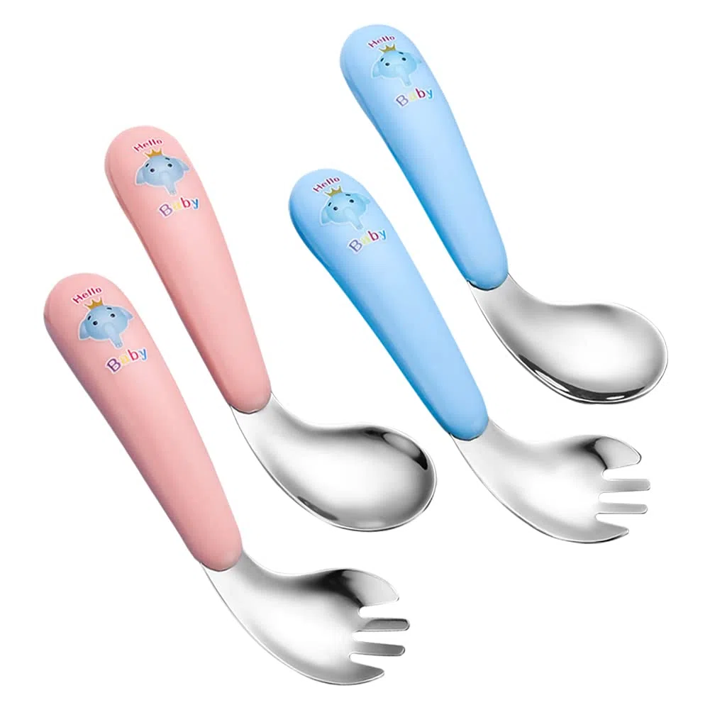 4 Pieza Cubiertos Bebe,Cubertería Infantil,Cuchara Autodidacta,Cubiertos Infantiles Acero Inoxidable,Anime a los niños a desarrollar su propia capacidad para comer