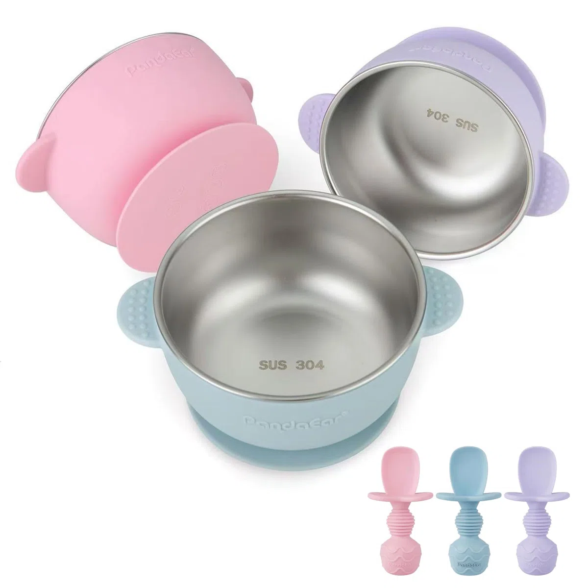 PandaEar Juego de 3 Cuencos de Acero Inoxidable con Ventosa y 3 Cucharas de Silicona | Boles Antideslizantes y Cucharas Anti-Atragantamiento | Set de Alimentación BLW para Bebés sin BPA