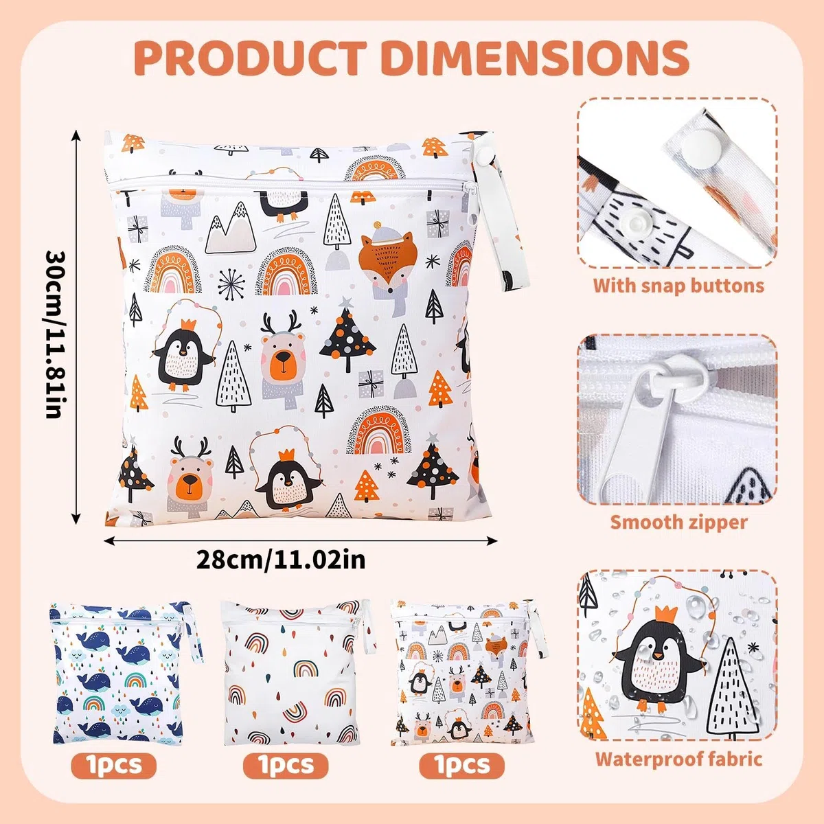 3 Piezas Bolsa Impermeable Bebe, Bolsa Reutilizable para Pañales de Tela, Bebé Reutilizable Impermeabilizan Bolsa con Cremallera para Nadar Fitness Acampar - 30x28,5 cm (Ballena,Arcoíris,Pingüino)