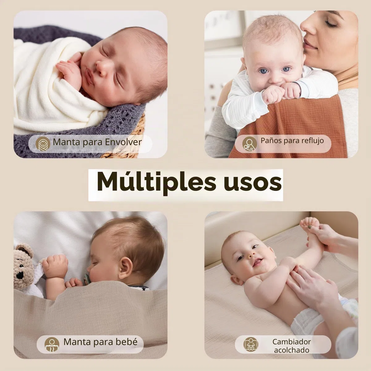 Muselinas Bebé Paño 60x60 cm, 100% Algodón Super Absorbentes Suave y Transpirable Gasas para Bebes Toallas Bebe de Muselinas para Recien Nacido Niñas Niños, 4 Piezas, Marrón