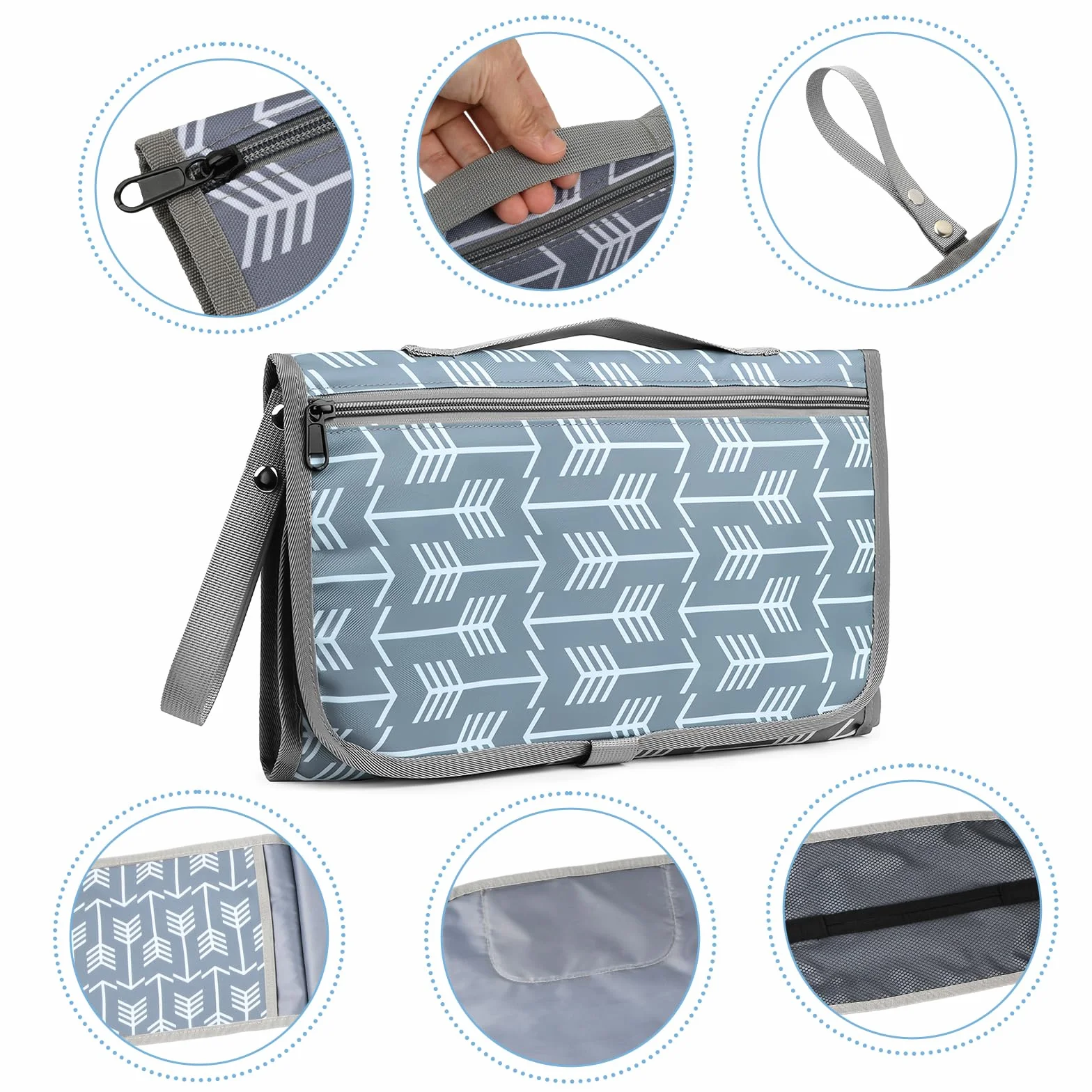 Nivofu Cambiador Bebe Portatil Plegable e Impermeable, Bolso Cambiador Bebe de Algodon Lavable con Bolsillos, Accesorios Recien Nacido 0-1 Año, Regalo Recien Nacido, 60x43cm, Gris a Rayas