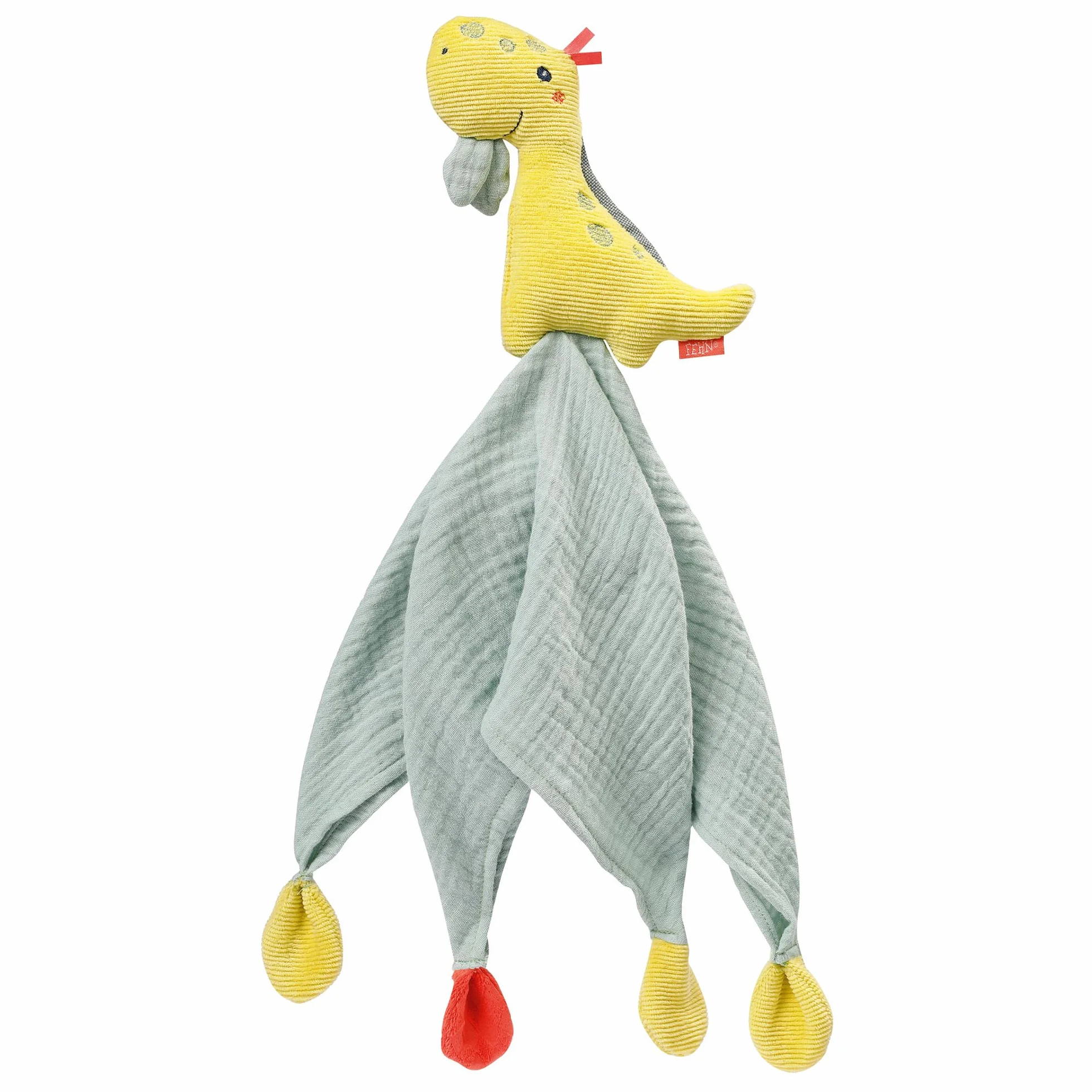 Fehn 051032 Schmusetuch Dino – Spielkamerad, Einschlafhilfe & Stofftier-Schnuffeltuch mit Baumwolle-Musselintuch & Spielfigur Zum Knuddeln, Greifen & Liebhaben – für Babys & Kleinkinder AB 0+ Monaten