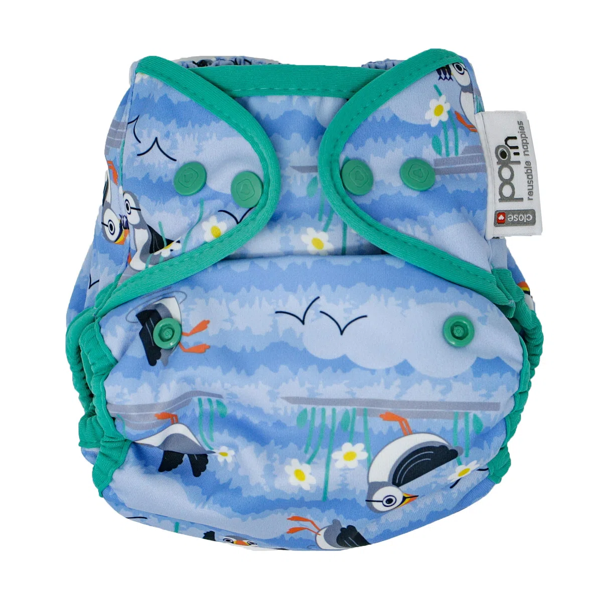Close Pop-in Cobertor para pañal de tela reutilizable de bambú estampado Puffin, cierre corchete talla única unisex bebé.