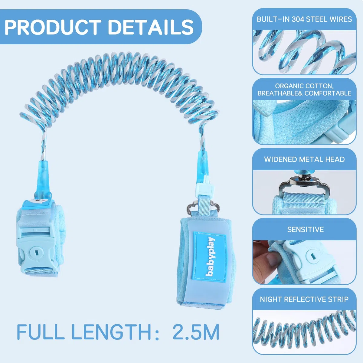 Anti muñeca perdida Enlace para niños,Cinturon Anti-Perdida Correa de Seguridad para Niños Correa de Muñeca Antipérdida para Niño Ajustable Rotación2.5m (blue)