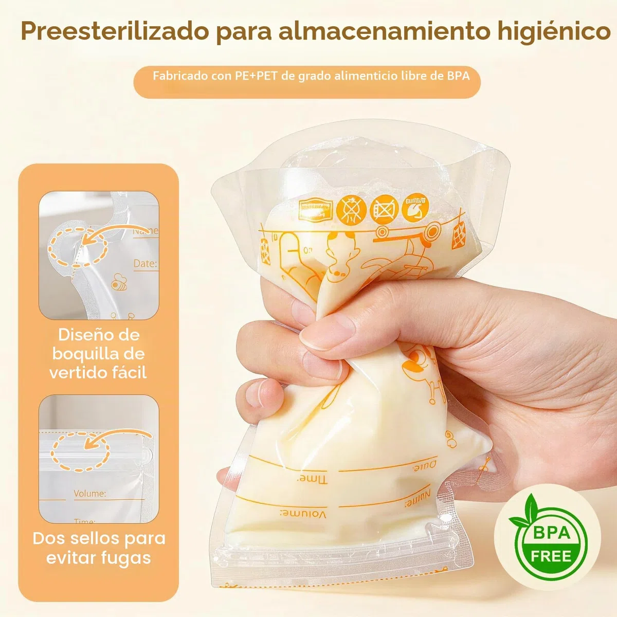 Vinabo Bolsas de Almacenamiento de Leche Materna, 180ml, 100 Unidades, Polietileno, Doble Cierre, Congelación Rápida, Libre de BPA