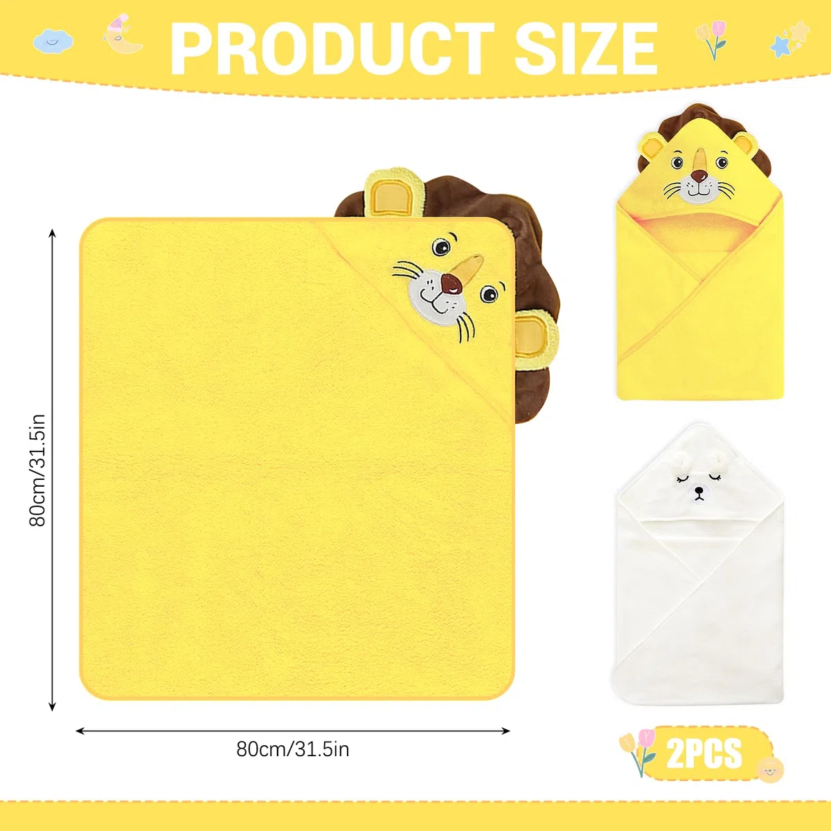 2 toallas de bebé con capucha, 80 x 80 cm, toalla con capucha para bebés, bonita forma de animal, oso blanco y león amarillo, para baño de bebé, unisex