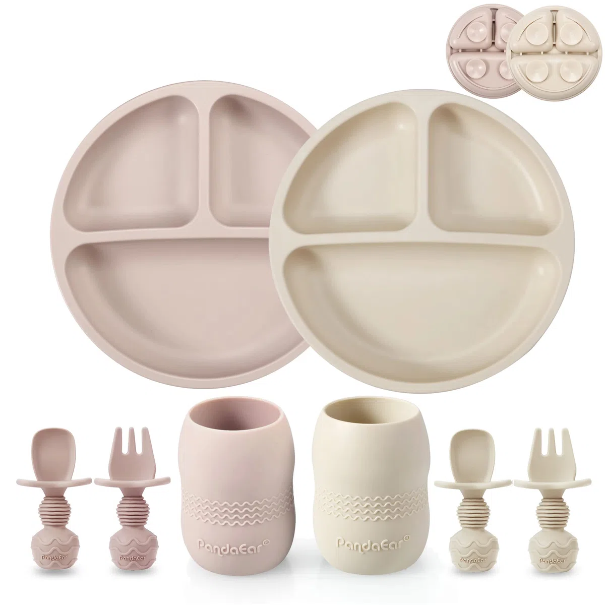 PandaEar Set de Alimentación Autónoma para Bebés | 2 Platos de Succión Divididos y 2 Tazas Pequeñas con 2 Cucharas y 2 Tenedores| Suministros de Silicona para Destete (Rosa)