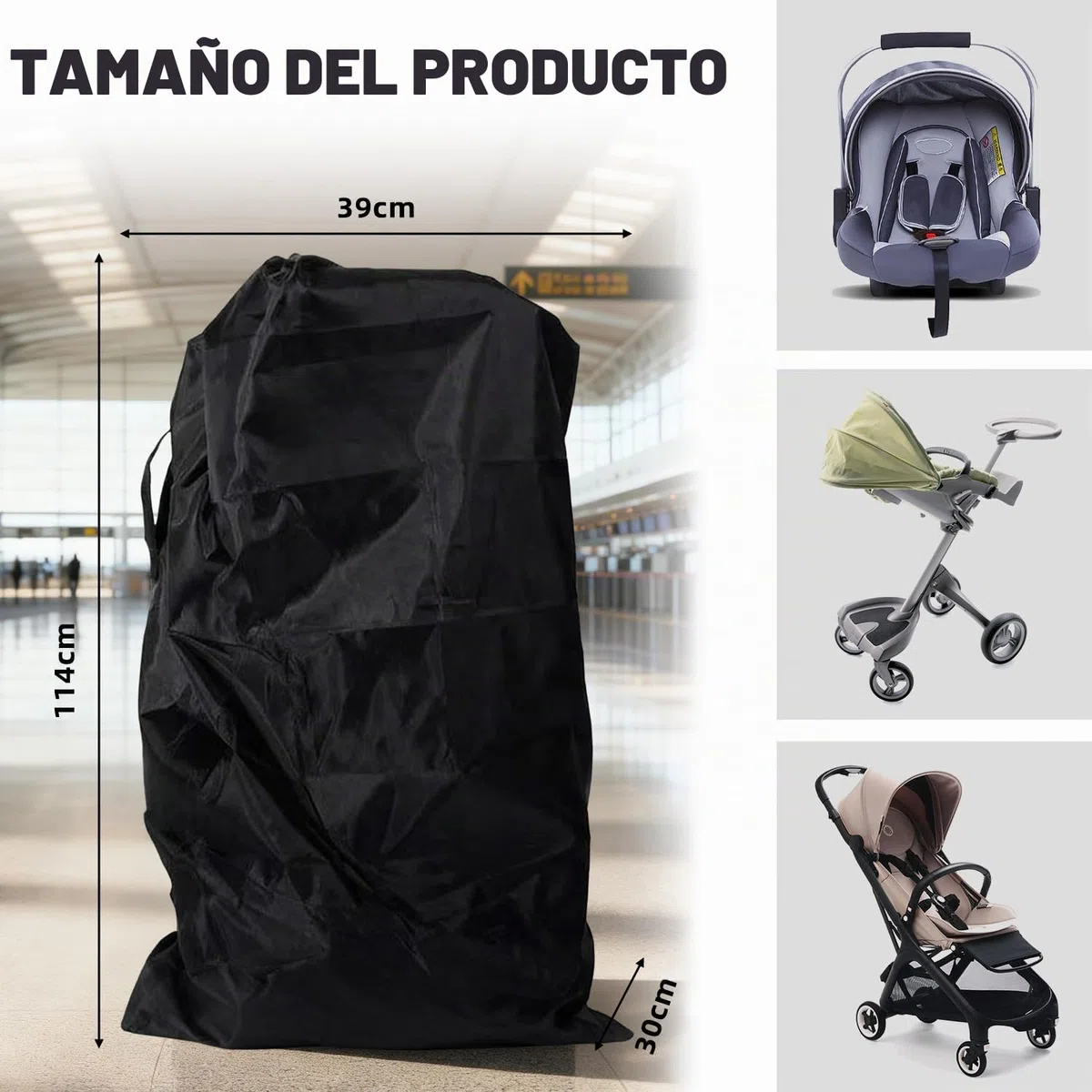 Bolsa Carro Bebe,Bolso de Viaje para Cochecito de Bebé, Bolsa de Almacenamiento Impermeable y Ligera con Correa, 114x39x30 cm, Ideal para Paseos, Viajes en Avión y Día a Día