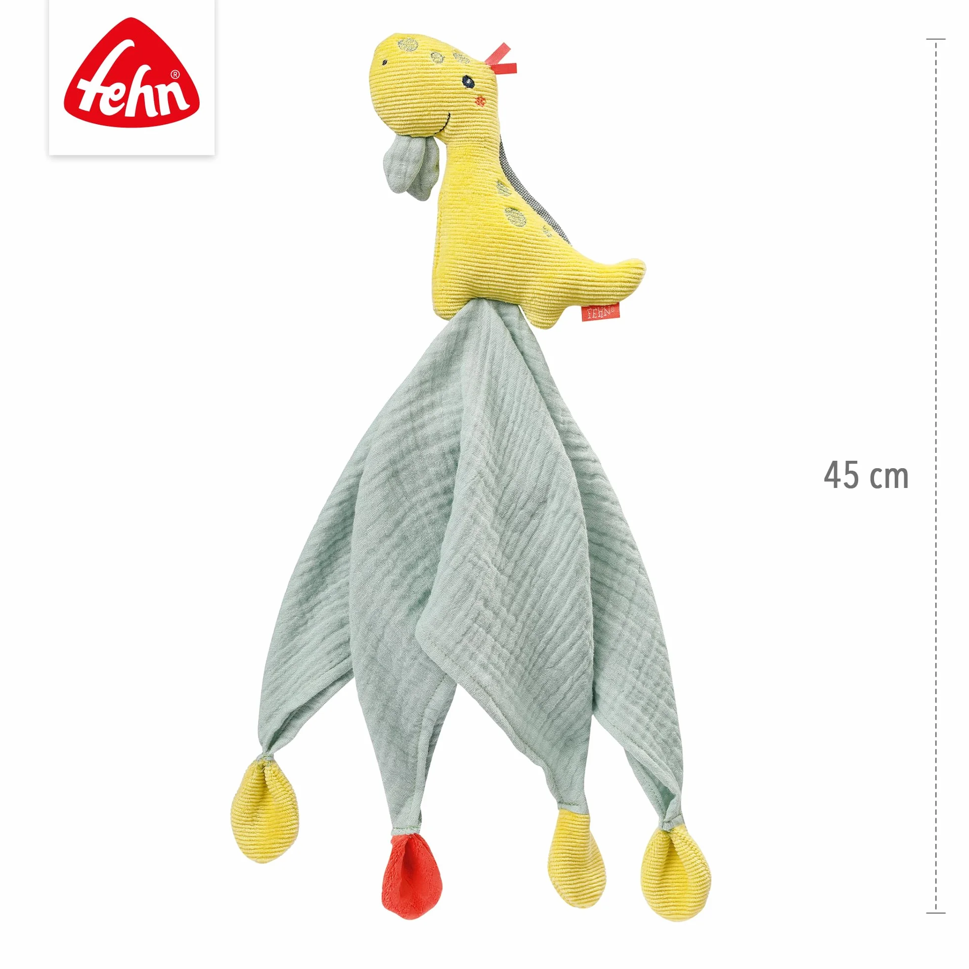 Fehn 051032 Schmusetuch Dino – Spielkamerad, Einschlafhilfe & Stofftier-Schnuffeltuch mit Baumwolle-Musselintuch & Spielfigur Zum Knuddeln, Greifen & Liebhaben – für Babys & Kleinkinder AB 0+ Monaten
