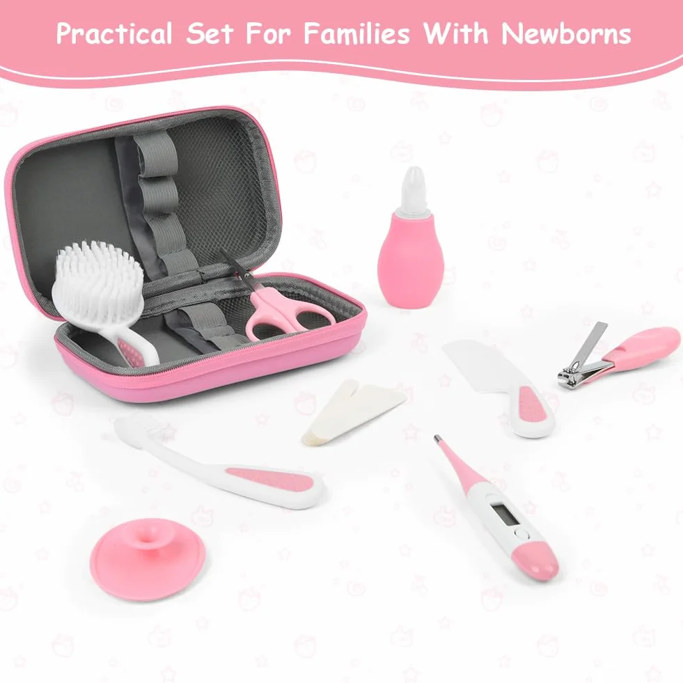 flintronic Set para Cuidado del Bebé, 14 en1, Kit de Cuidado e Higiene para Bebés, Peine, Cepillo, Cepillo de Dientes de Dedo, Cortaúñas(de Madera), Tijeras para Viaje y el Uso Diario, Rosa