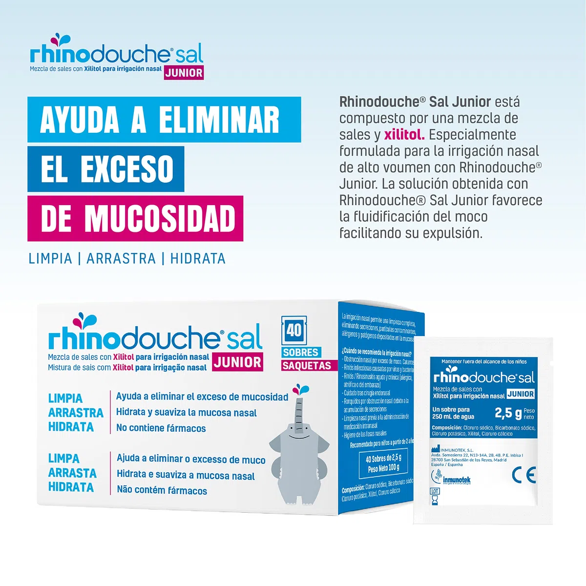 RHINODOUCHE Sal Junior. 40 sobres de 2,5g que contienen una mezcla de sales con xilitol para llevar a cabo irrigación nasal con el dispositivo RHINODOUCHE Junior.(Dispositivo no incluido)