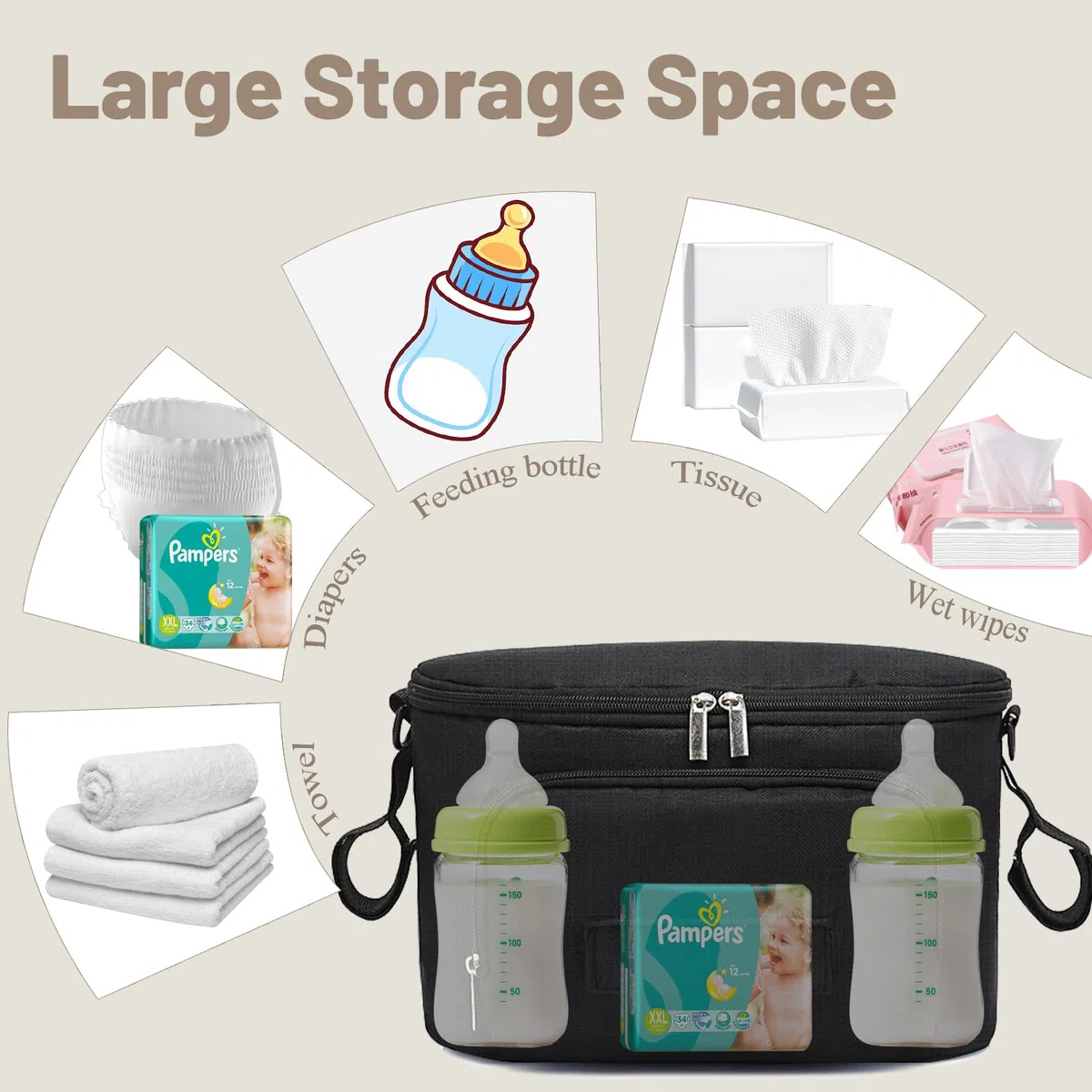 Bolso Carro Bebé, Bolsa Organizadora de Cochecitos con Portavasos y Correa para el Hombro, Universal Impermeable Bolsa Organizador de Cochecito, Multifuncional de Gran Capacidad (Negro)