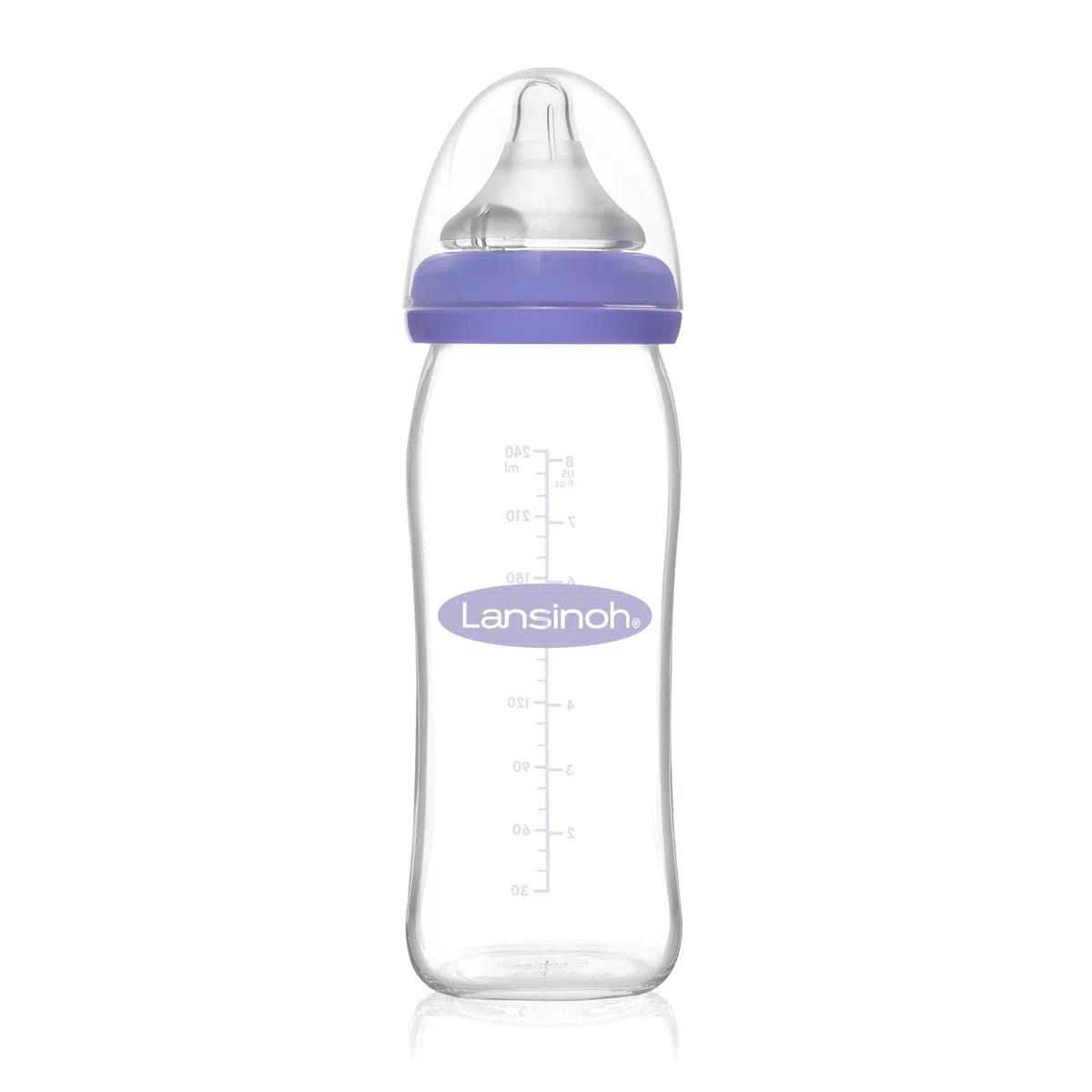 Biberón de Cristal de Lansinoh para Leche Materna con tetina simuladora del pezón, flujo medio, 240 ml/1 Ud., lila/transparente (77250)