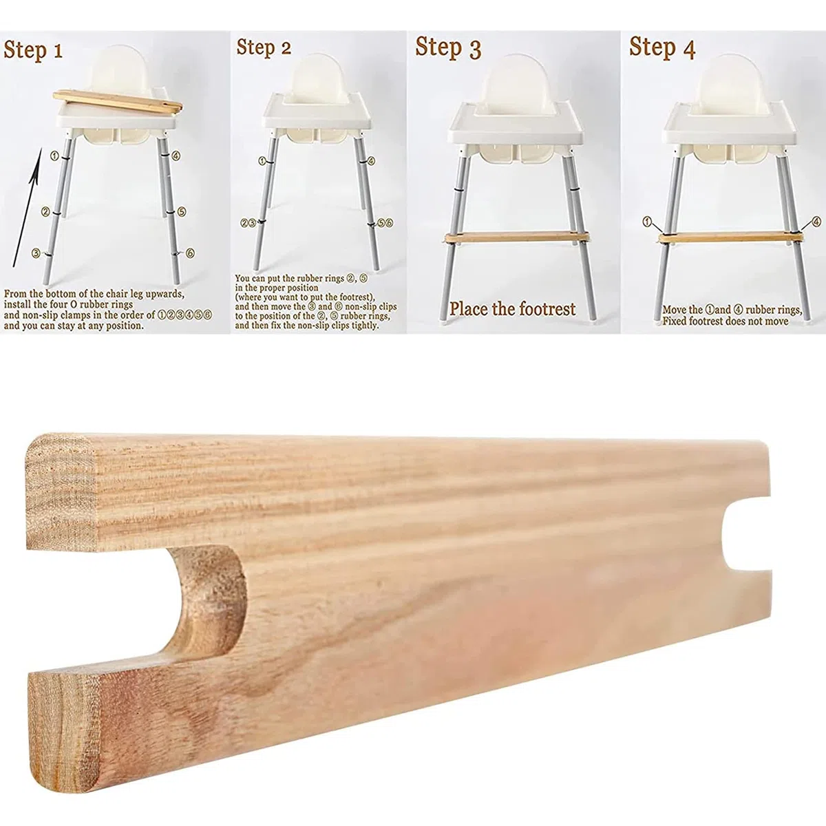 Reposapiés para Trona, Ajustable Antideslizante Pino Natural de Madera Accesorios Reposapiés Silla Alta Bebé de Resorte Compatible Tronas para Bebés