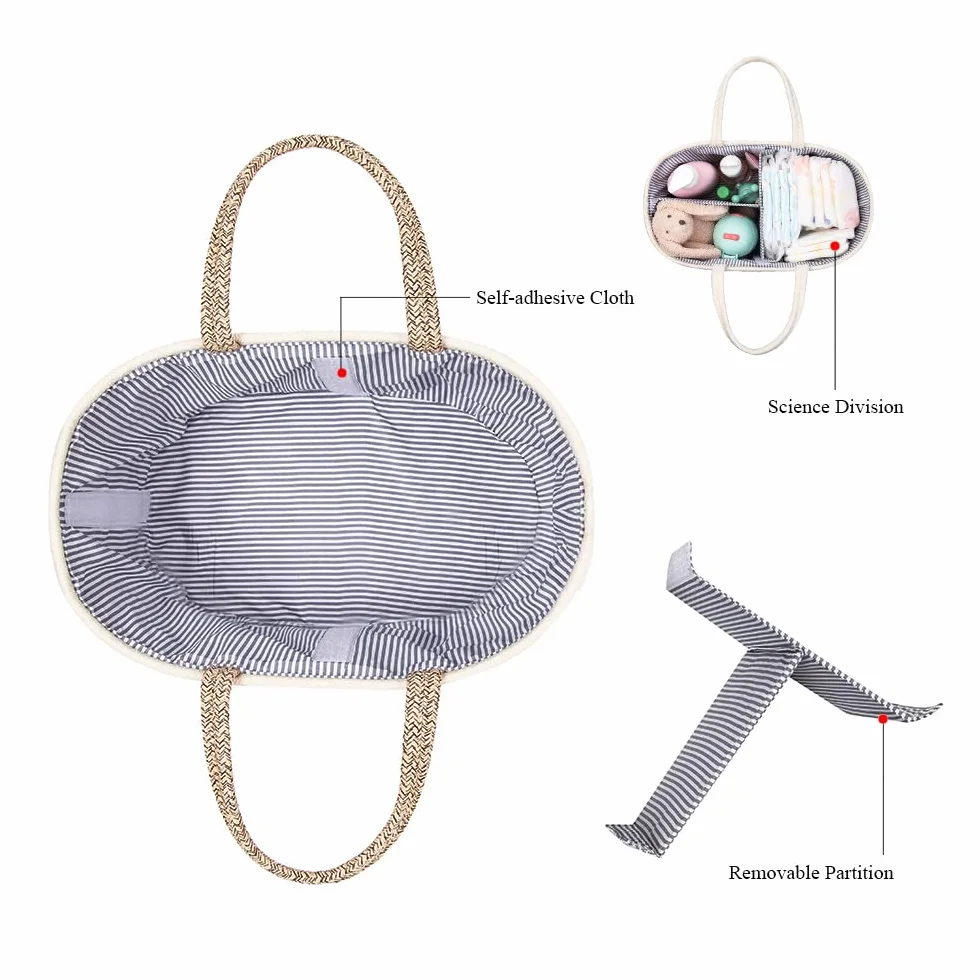 YEONHWA Caja de almacenamiento de pañales para bebé, cesto de almacenamiento de algodón para bebé de cuerda tejida, con asa portátil y gran caja de almacenamiento para el vestidor, beige