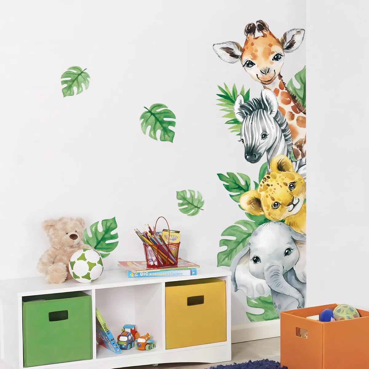 Tanlaby Pegatinas de Pared Animales de la Selva Jungla Murales Vinilos Infantiles Adhesivos Vinilos Jirafa Cebra Hojas Verdes Decorativos Pared para Bebé Habitación Cuarto de Jugar Guardería
