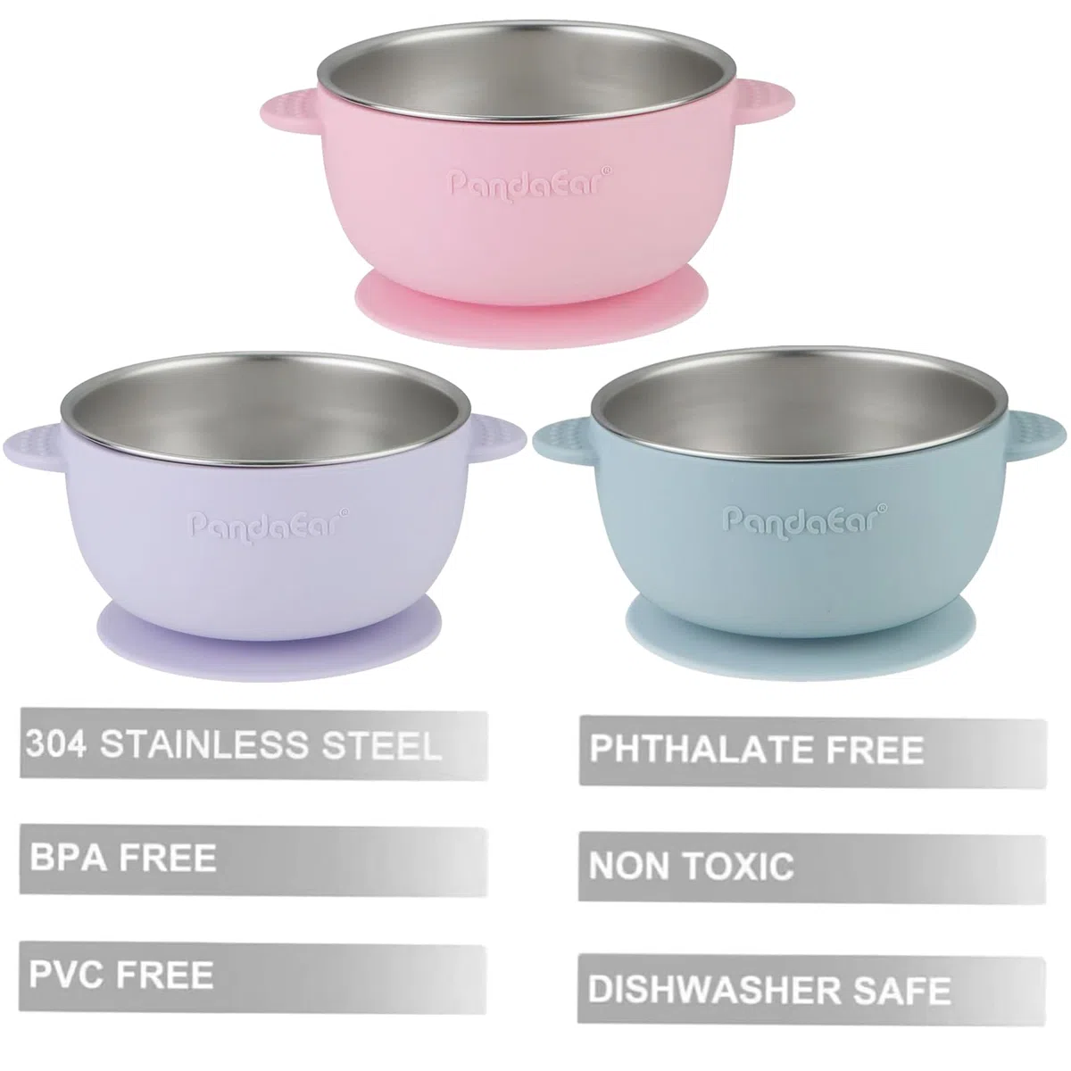 PandaEar Juego de 3 Cuencos de Acero Inoxidable con Ventosa y 3 Cucharas de Silicona | Boles Antideslizantes y Cucharas Anti-Atragantamiento | Set de Alimentación BLW para Bebés sin BPA