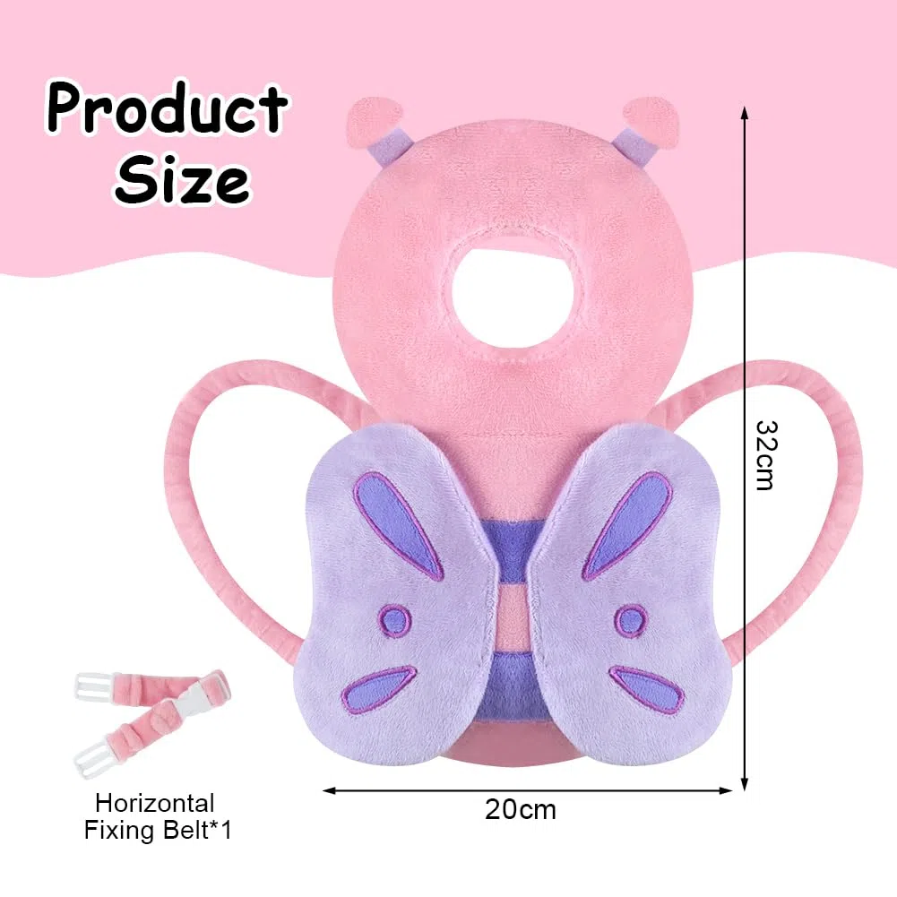 Vicloon Protector de Cabeza para Bebe, Cojín Protector Seguridad Bebe con Rodilleras, Ajustable Almohada Protección Bebe, Protección para Cabeza y Espalda del Niños para Gatear y Caminar-Mariposa rosa