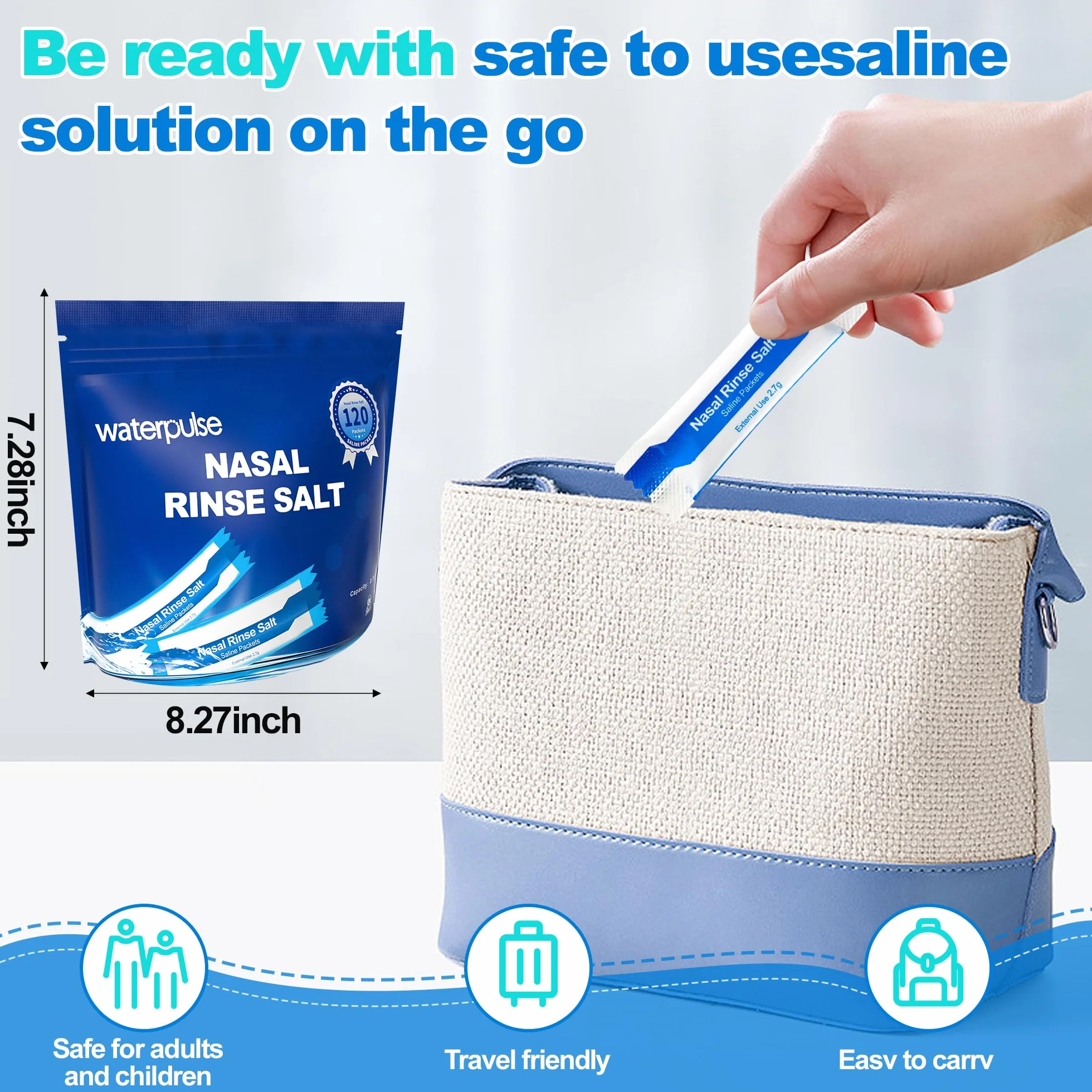 Waterpulse Neti pot Sal Lavado Nasal, 120 Pack de sal para irrigación nasal, Alivio Conductos Nasal,Sinusitis, Rhinitis Alérgic, Limpiador Nasal Niños y Adulto para Enjuague Nasal y Sinusal