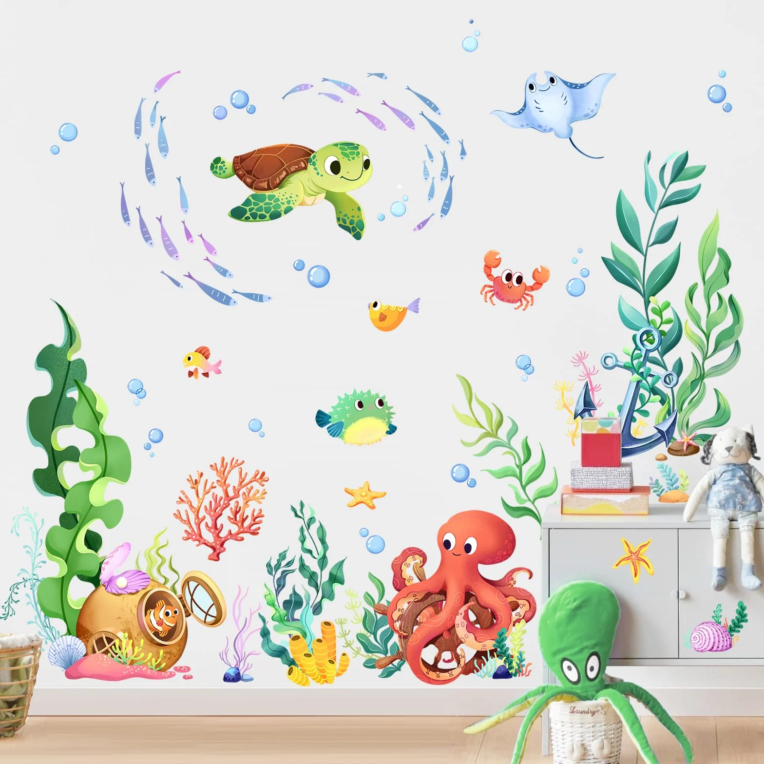 Supzone Pegatinas de Pared Bajo el Mar Peces Vinilos Decorativos Tortugas Algas Adhesivos Decoración para Niños Habitación Guardería Bebé Baño Dormitorio