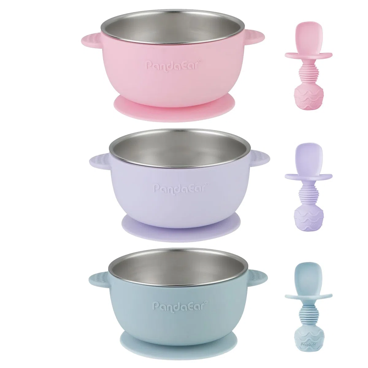 PandaEar Juego de 3 Cuencos de Acero Inoxidable con Ventosa y 3 Cucharas de Silicona | Boles Antideslizantes y Cucharas Anti-Atragantamiento | Set de Alimentación BLW para Bebés sin BPA