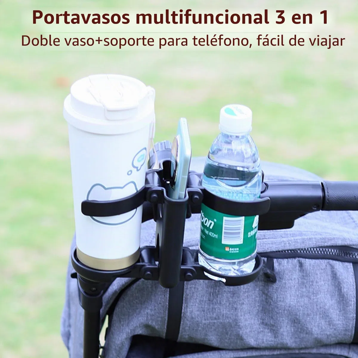 Vihir Portavasos Carrito Bebe, 3 en 1 Plegable Portabotellas para Sillas de Ruedas, Universal Soporte de Bebidas para Cochecito, Bicicletas, Scooters, con Soporte para Teléfono Móvil