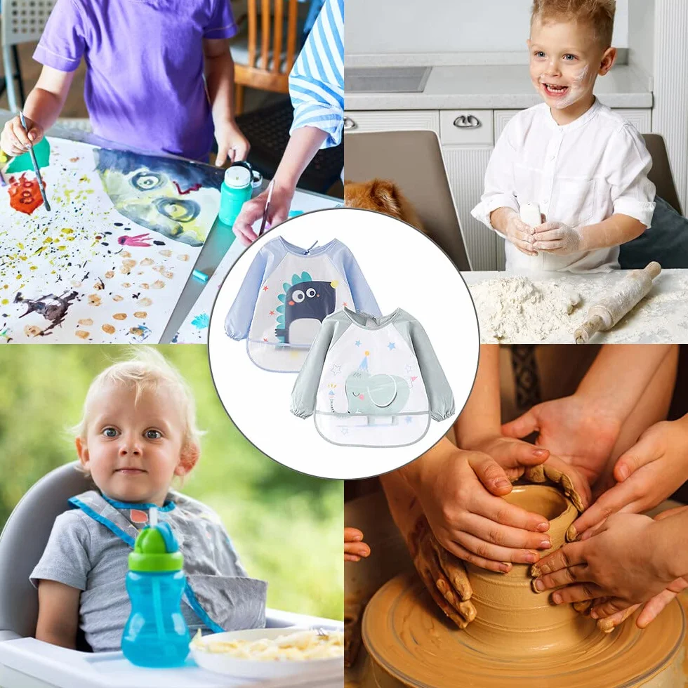 Baberos Bebe Impermeables, babero con mangas, Pack de 2 baberos de manga larga con bolsillo recoge comida, delantal para niños de 2 a 4 años, resistente a manchas y olores, azul y verde