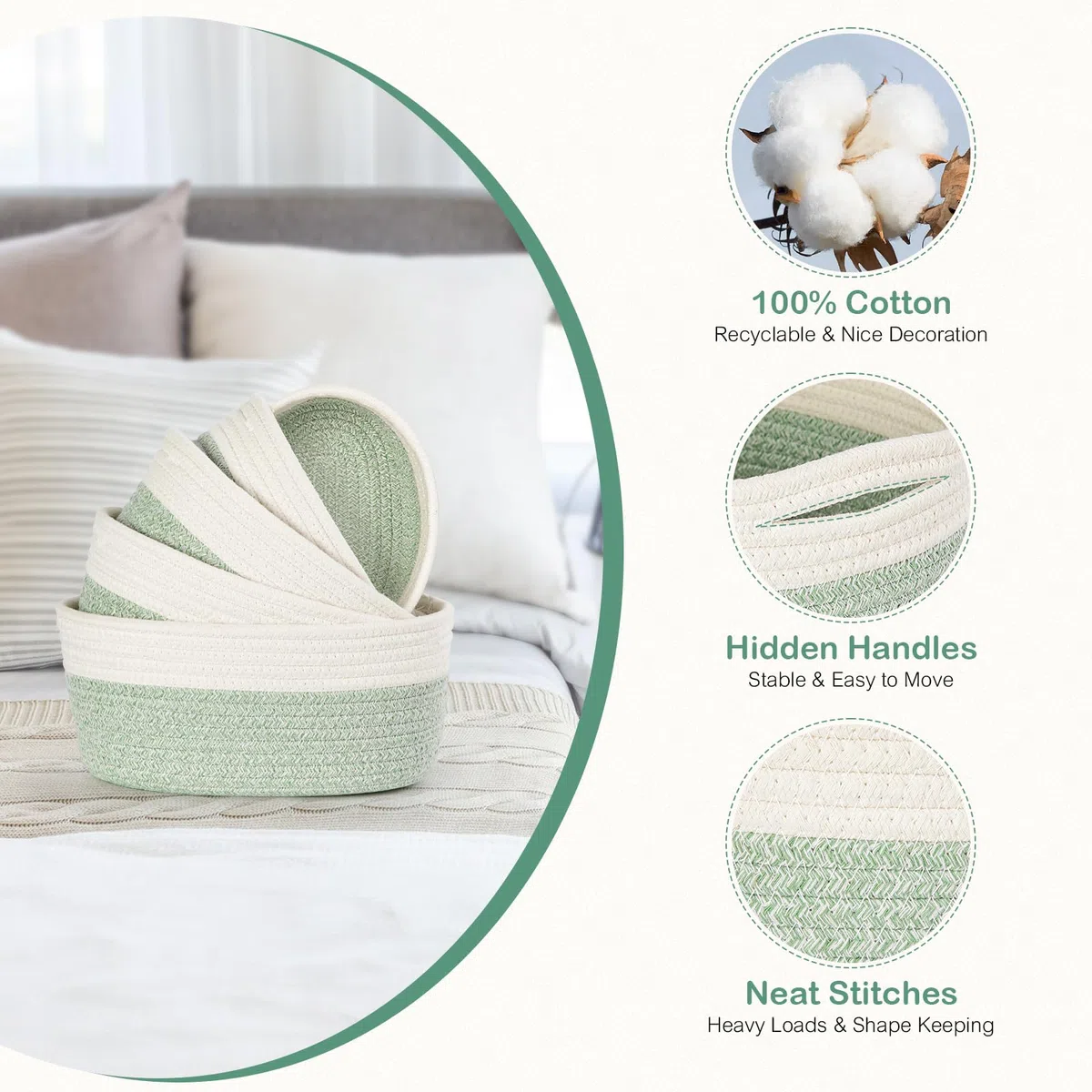 Juego de 5 Cestas Almacenaje de Cuerda de Algodón, Cestas Organizadoras Baño, Cesta Juguetes Bebe, Cesto Toallas Baño, Cajas Almacenaje Decorativas, Blanco & Verde