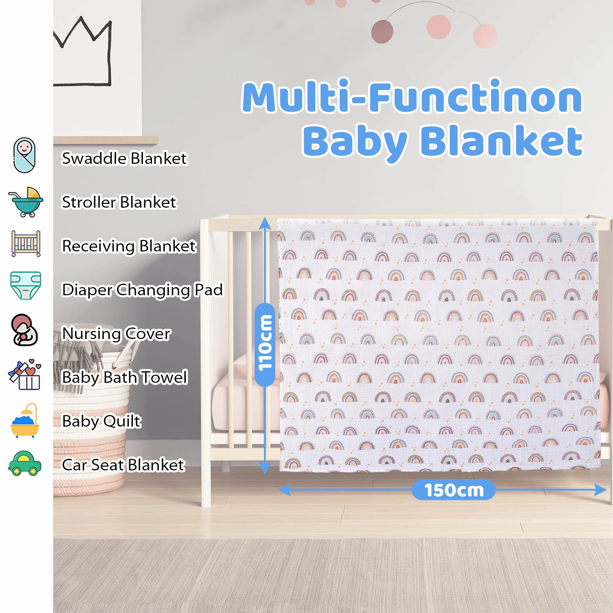 Miracle Baby Muselina bebé,110x150cm,Manta de Algodón,Swaddle Blanket de Arrullo para Bebe,Baño De Envolver para Recién Nacido(Estrella Arcoiris,Sola Capa)