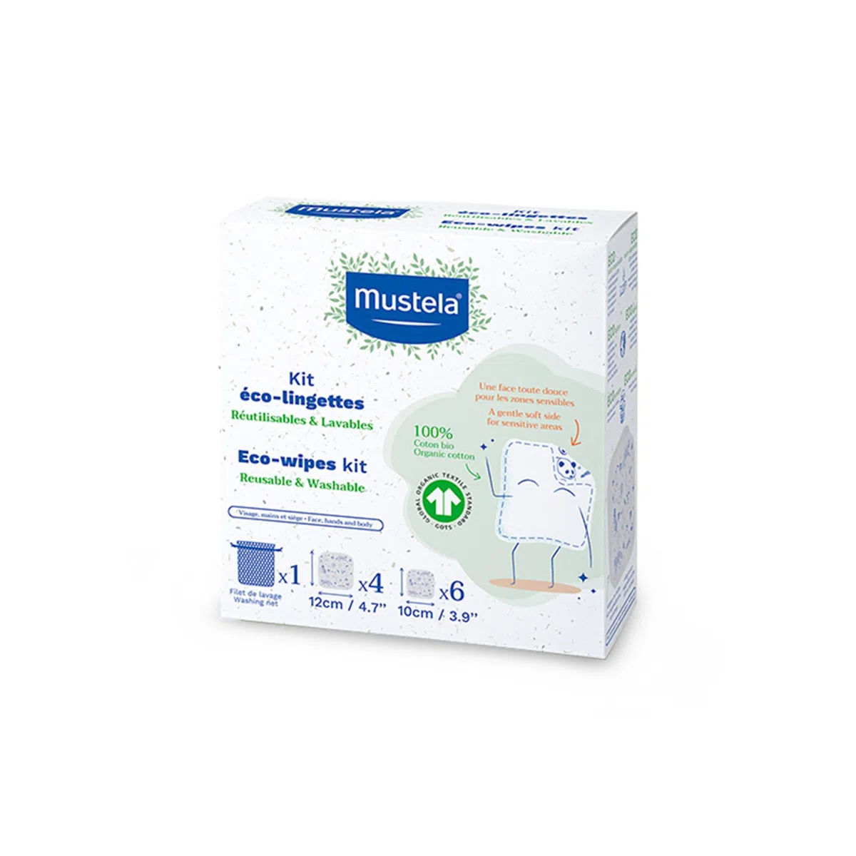 Mustela Toallitas Reutilizables 100% Algodón GOTS para el Cambio de Pañal, Cuerpo y Maquillaje, Bebé y Toda la Familia - Limpian la Piel y Absorben la Suciedad, Aptas para Pieles Sensibles (10 uds.)