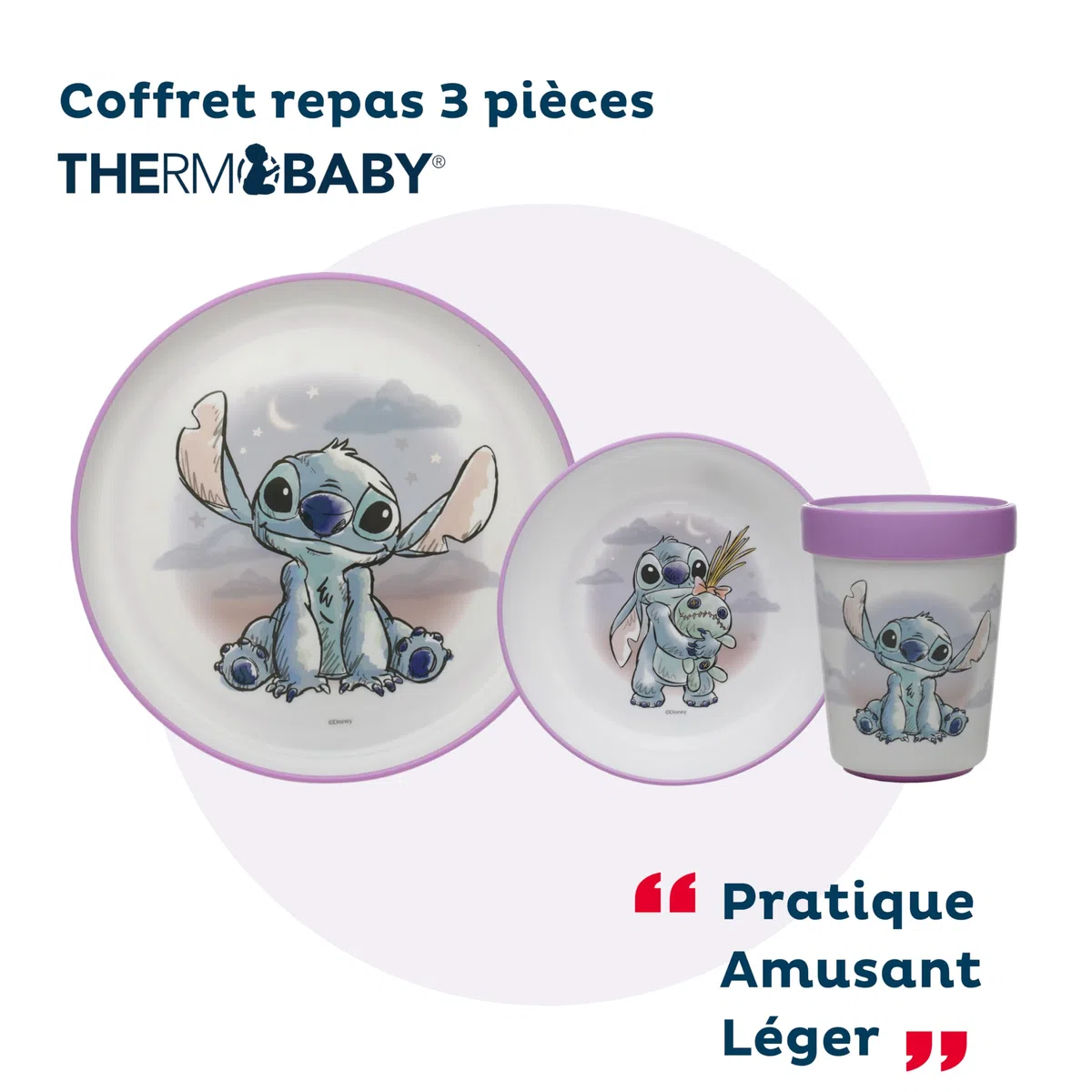 STOR Vajilla Infantil Antideslizante Stitch - Set 3 Piezas Plato Cuenco Vaso 260ml - Plastico sin BPA Apto Microondas - Disney Baby