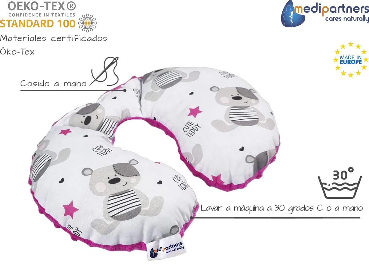 Medi Partners Almohada Cervical Coche Bebe cojin cuello niños cojín viaje - 100% Algodón/Minky Avion Neck Travel Pillow Almohadilla Cervicales Nino (Teddy con Minky rosa oscuro)