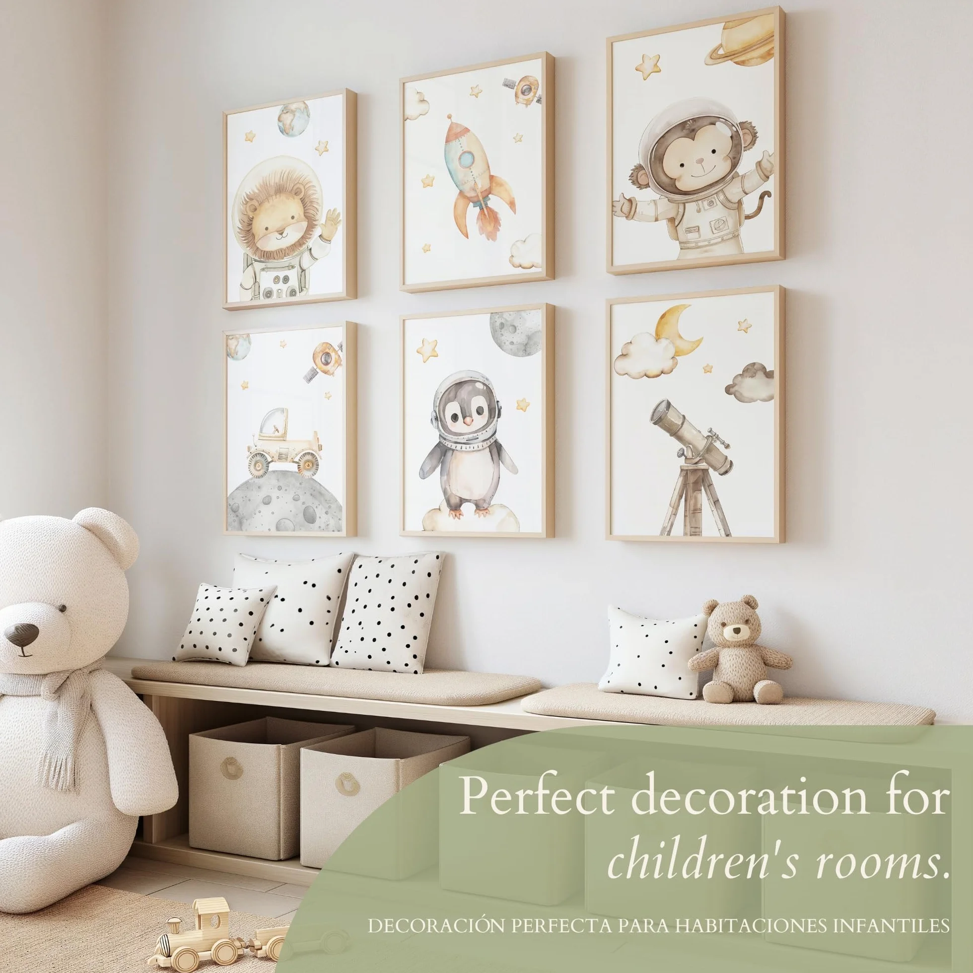 ayurvana: Set 6 Láminas Espacio Bebé - Decoración Pared Habitación Infantil | Set de 6 láminas A4 con animales astronautas. Diseño acuarela para decorar la habitación de tu bebé con ternura y estilo.