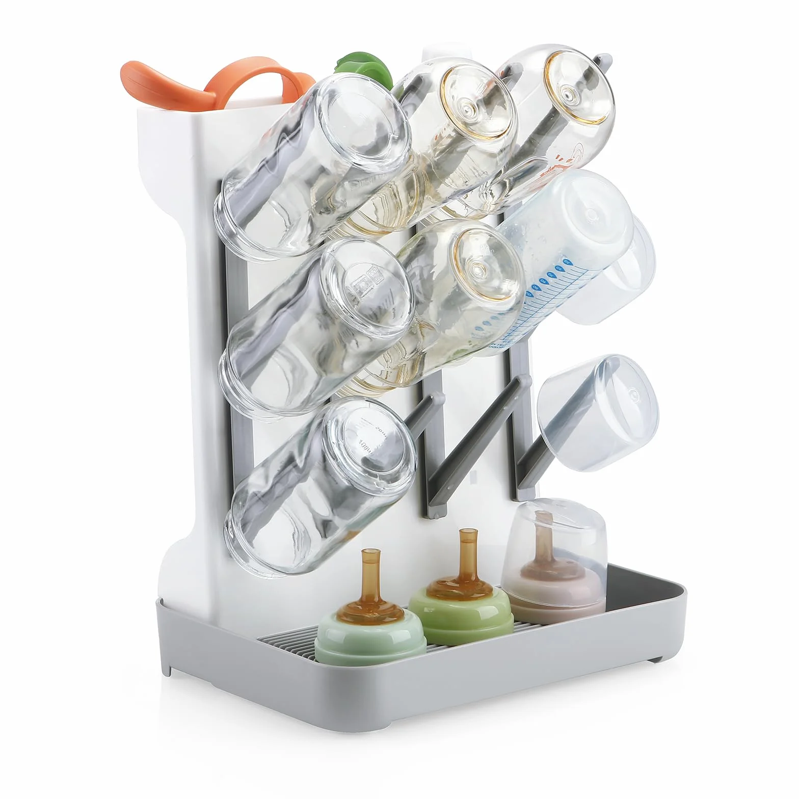 PandaEar Escurridor de Biberones para Bebé, Soporte de Secado Vertical Que Ahorra Espacio con Bandeja de Agua Extraíble y Pivotes, para Biberones, Tetinas, Vasos y Accesorios, Gris