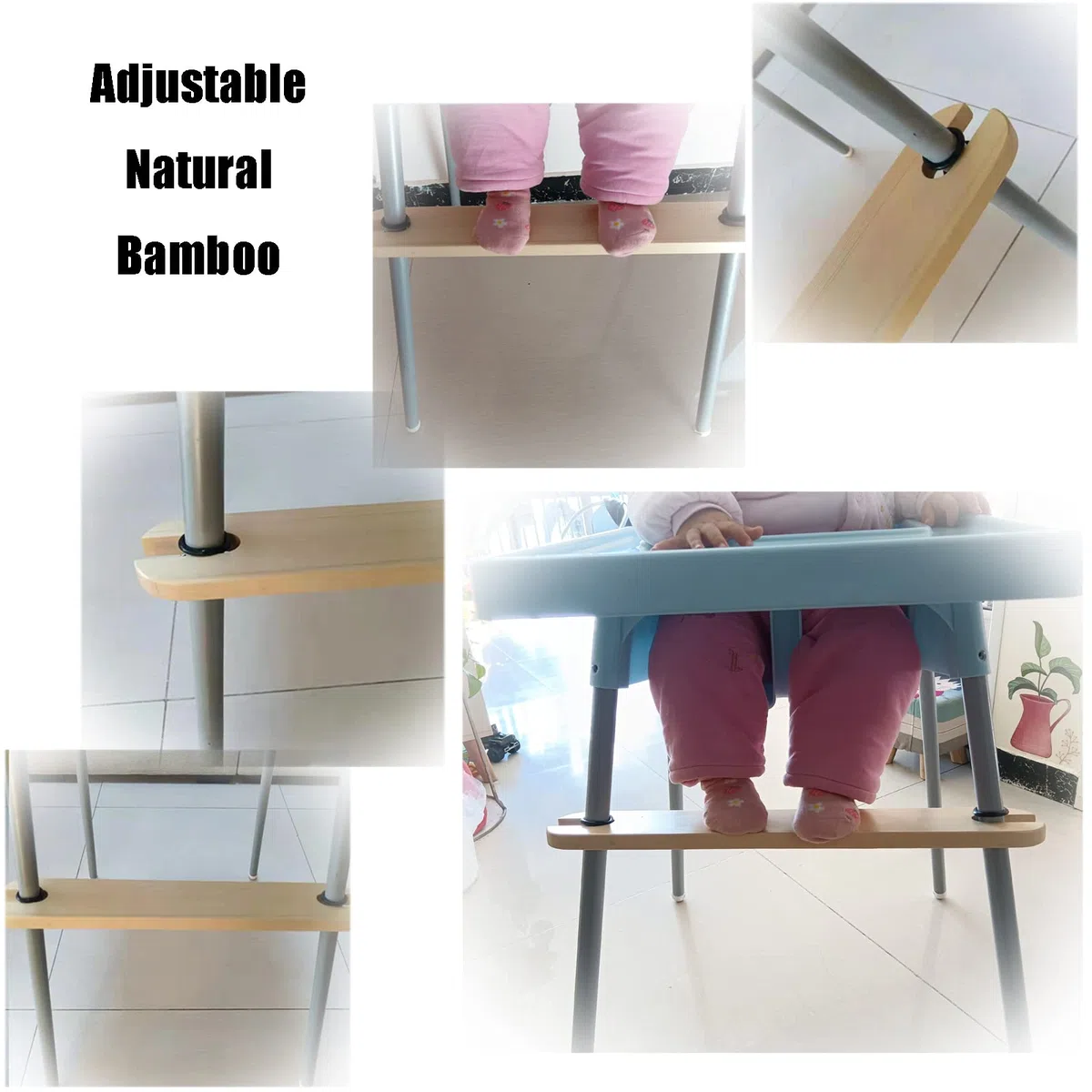 Reposapiés para Trona, Ajustable Antideslizante Pino Natural de Madera Accesorios Reposapiés Silla Alta Bebé de Resorte Compatible Tronas para Bebés