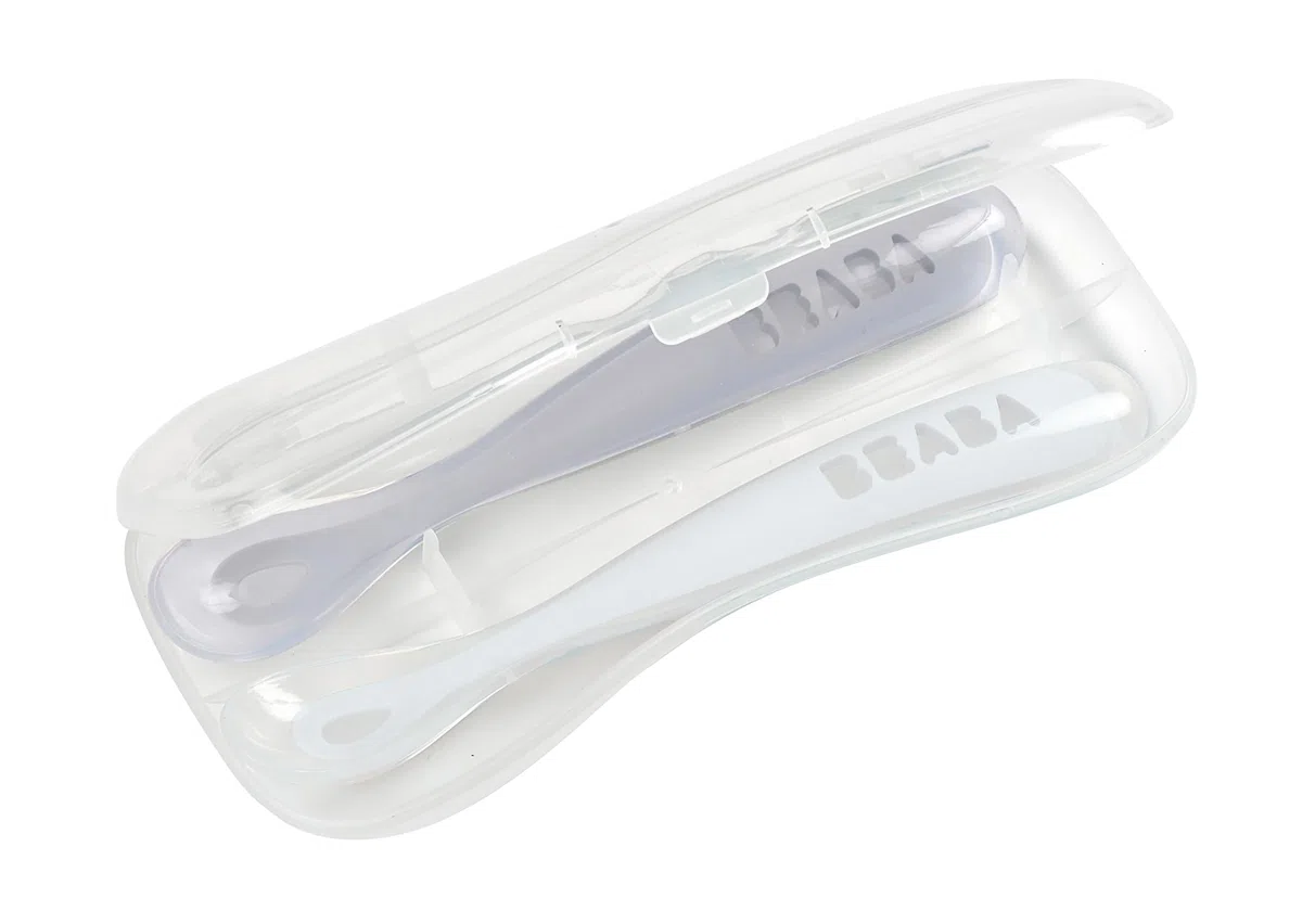 BÉABA Cucharas de Aprendizaje para Bebe, Silicona Suave, Juego de 2, Con estuche para guardarlas, Primera Edad, Ergonómica, Azul