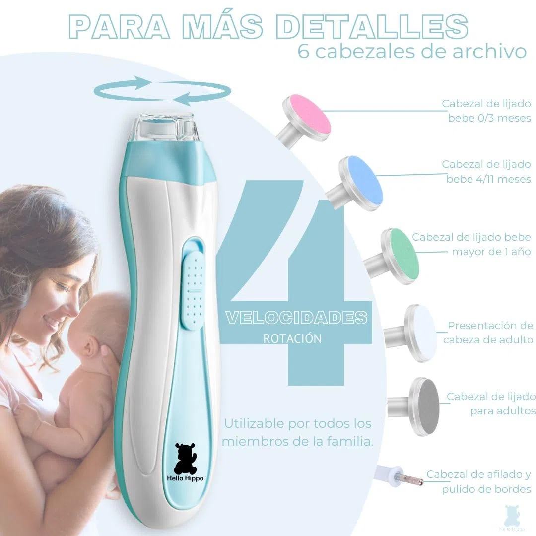 Hello Hippo - Lima de Uñas Eléctrica para Bebé Recién Nacido | Seguridad y Precisión con Luz LED | 4 Velocidades & 6 Cabezas | Kit de Higiene para Bebés Práctico