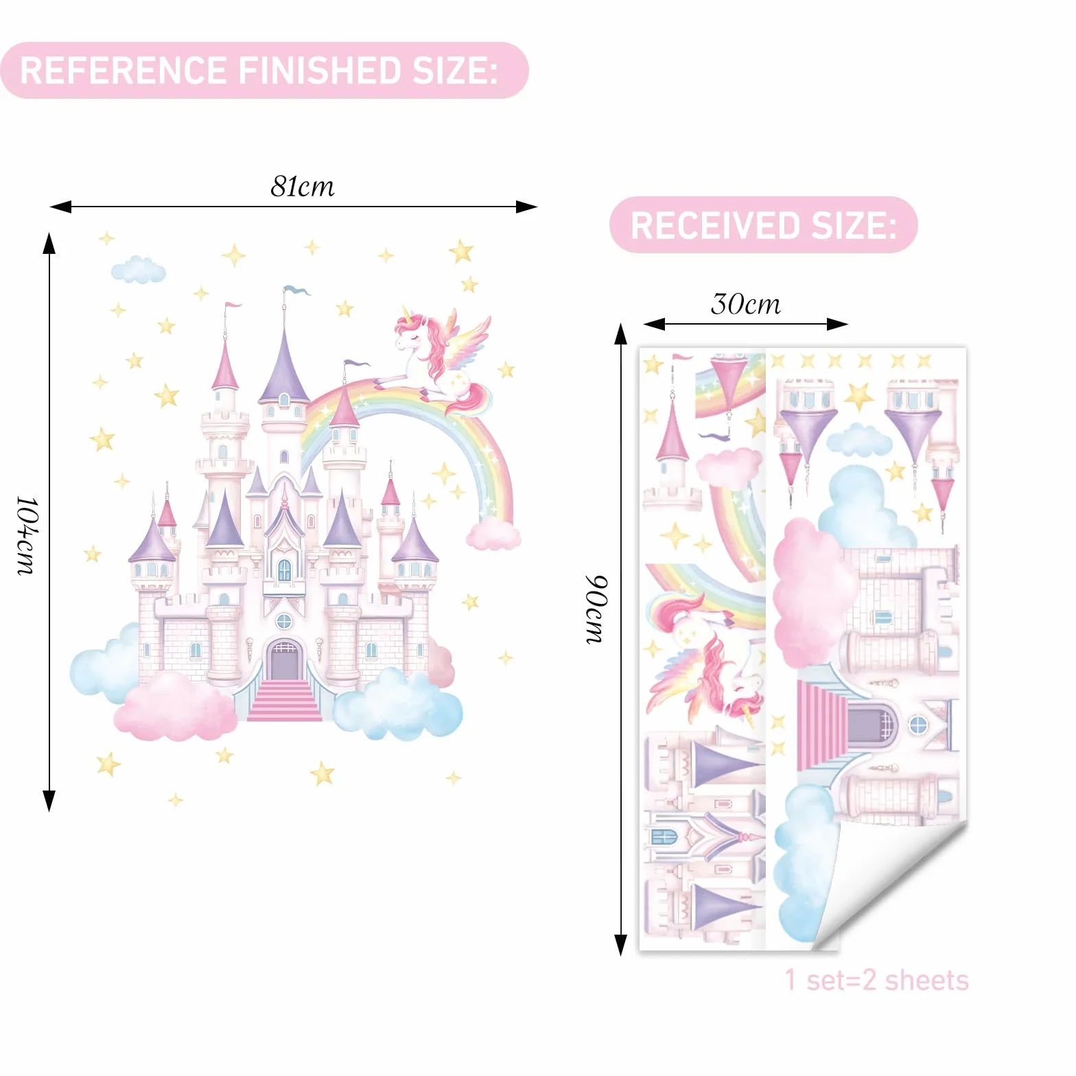SHUCHING Pegatinas de Pared Castillo Grande, Vinilo Adhesivo Pared Unicornio Arcoíris, Vinilos Decorativos para Dormitorio Infantil Habitación Niña