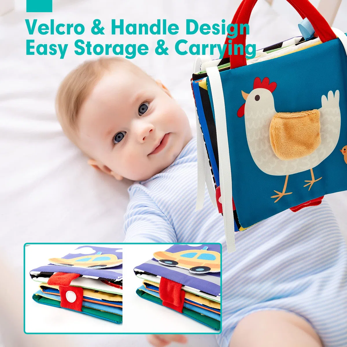 hahaland Libro Bebe Plegable Juguetes Bebes 0 3 6 12 Meses, Libro de Tela Blandos para Bebes Recien Nacido, Doble-Cara Libro Sensorial Suave de Actividades para Tummy Time 0 + Meses
