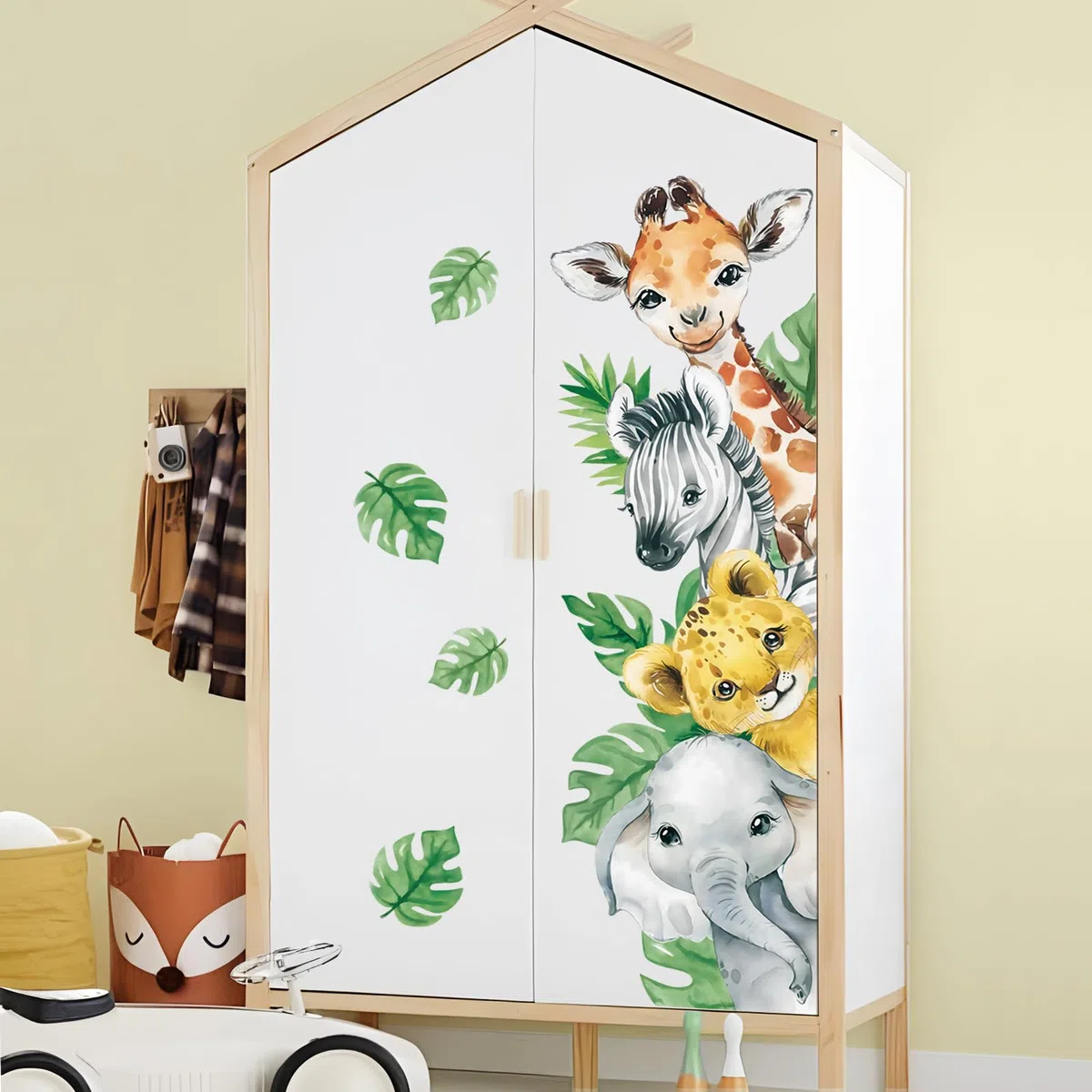Tanlaby Pegatinas de Pared Animales de la Selva Jungla Murales Vinilos Infantiles Adhesivos Vinilos Jirafa Cebra Hojas Verdes Decorativos Pared para Bebé Habitación Cuarto de Jugar Guardería