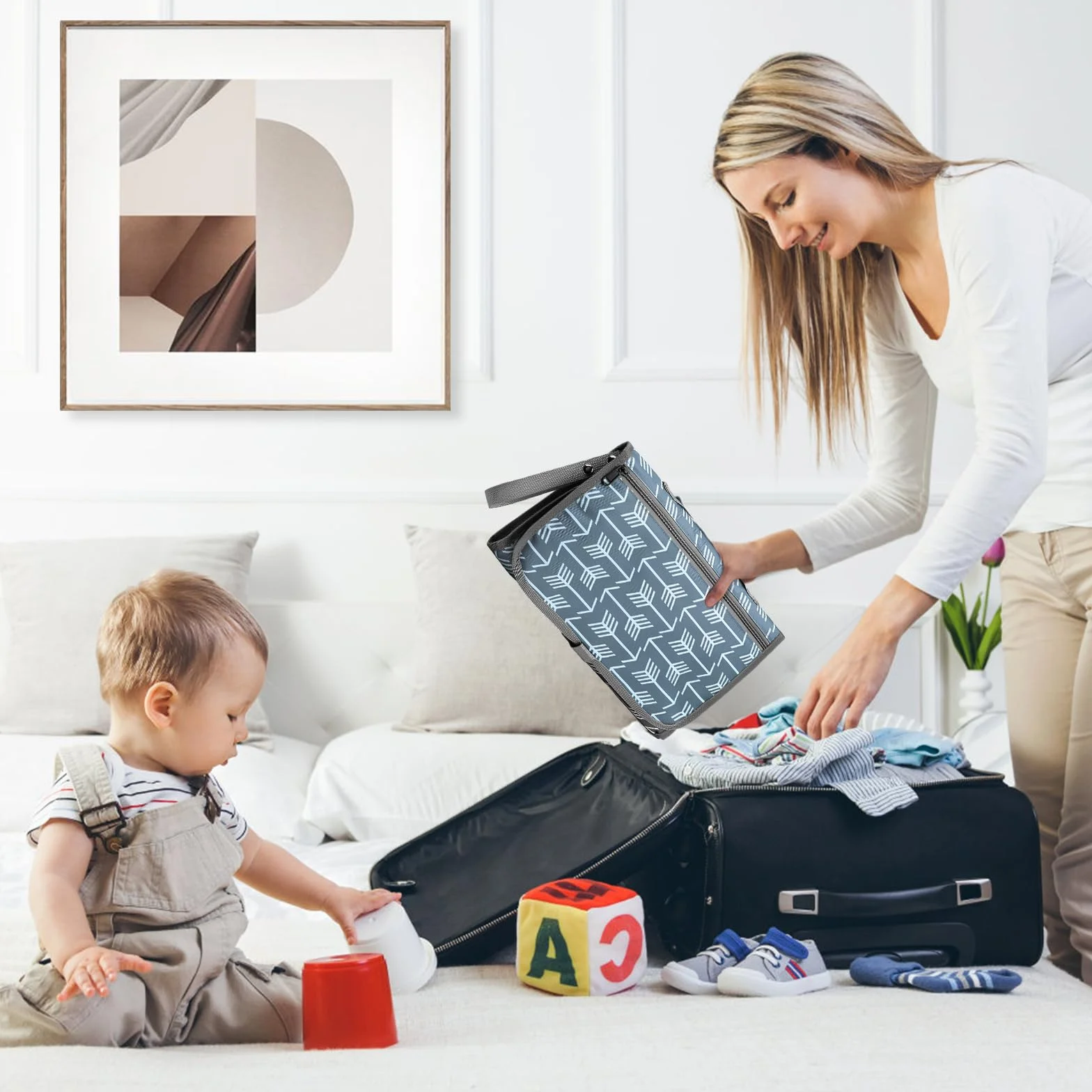 Nivofu Cambiador Bebe Portatil Plegable e Impermeable, Bolso Cambiador Bebe de Algodon Lavable con Bolsillos, Accesorios Recien Nacido 0-1 Año, Regalo Recien Nacido, 60x43cm, Gris a Rayas