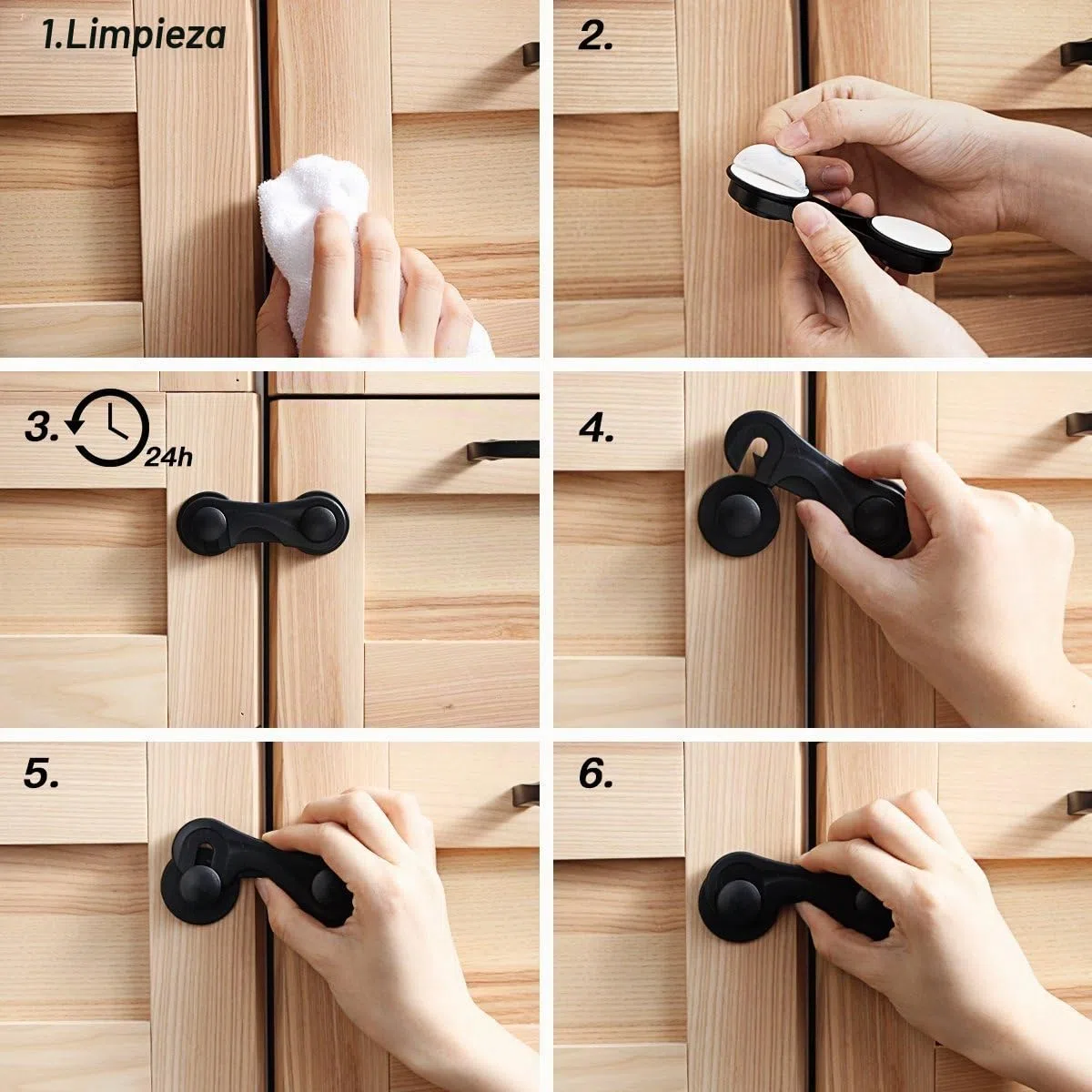 Juego de 10 cierres para puerta de bebé, para armarios, cajones, para niños, para cajones, versión actualizada para muebles, cocina, adhesivo fuerte, sin taladrar (negro)