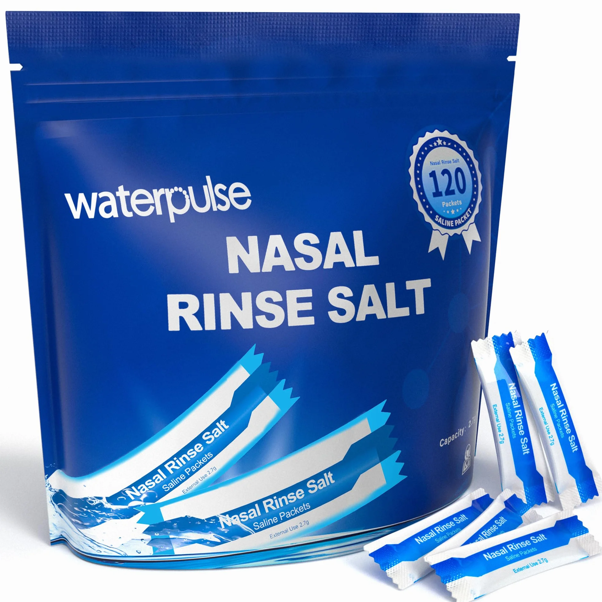 Waterpulse Neti pot Sal Lavado Nasal, 120 Pack de sal para irrigación nasal, Alivio Conductos Nasal,Sinusitis, Rhinitis Alérgic, Limpiador Nasal Niños y Adulto para Enjuague Nasal y Sinusal