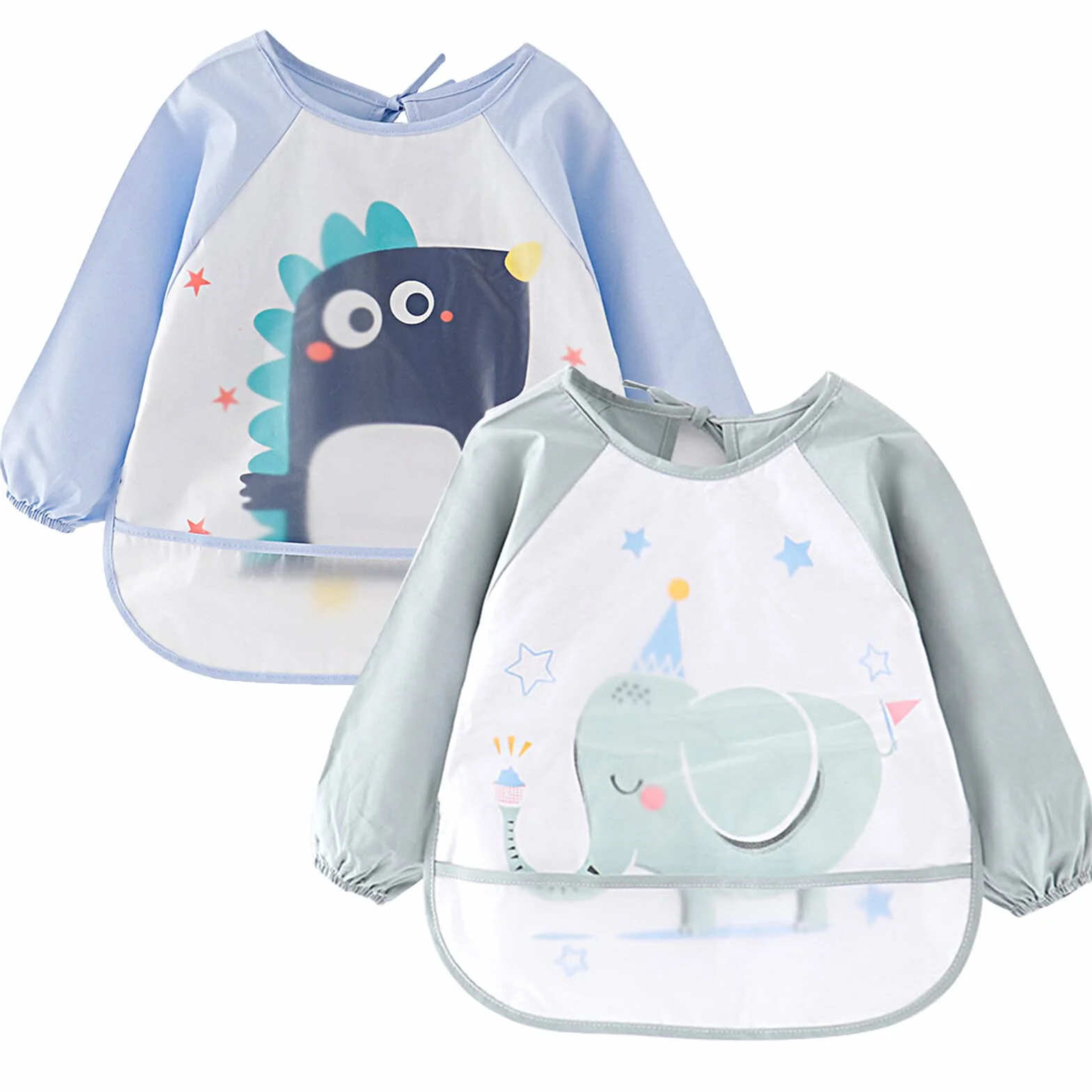 Baberos Bebe Impermeables, babero con mangas, Pack de 2 baberos de manga larga con bolsillo recoge comida, delantal para niños de 2 a 4 años, resistente a manchas y olores, azul y verde