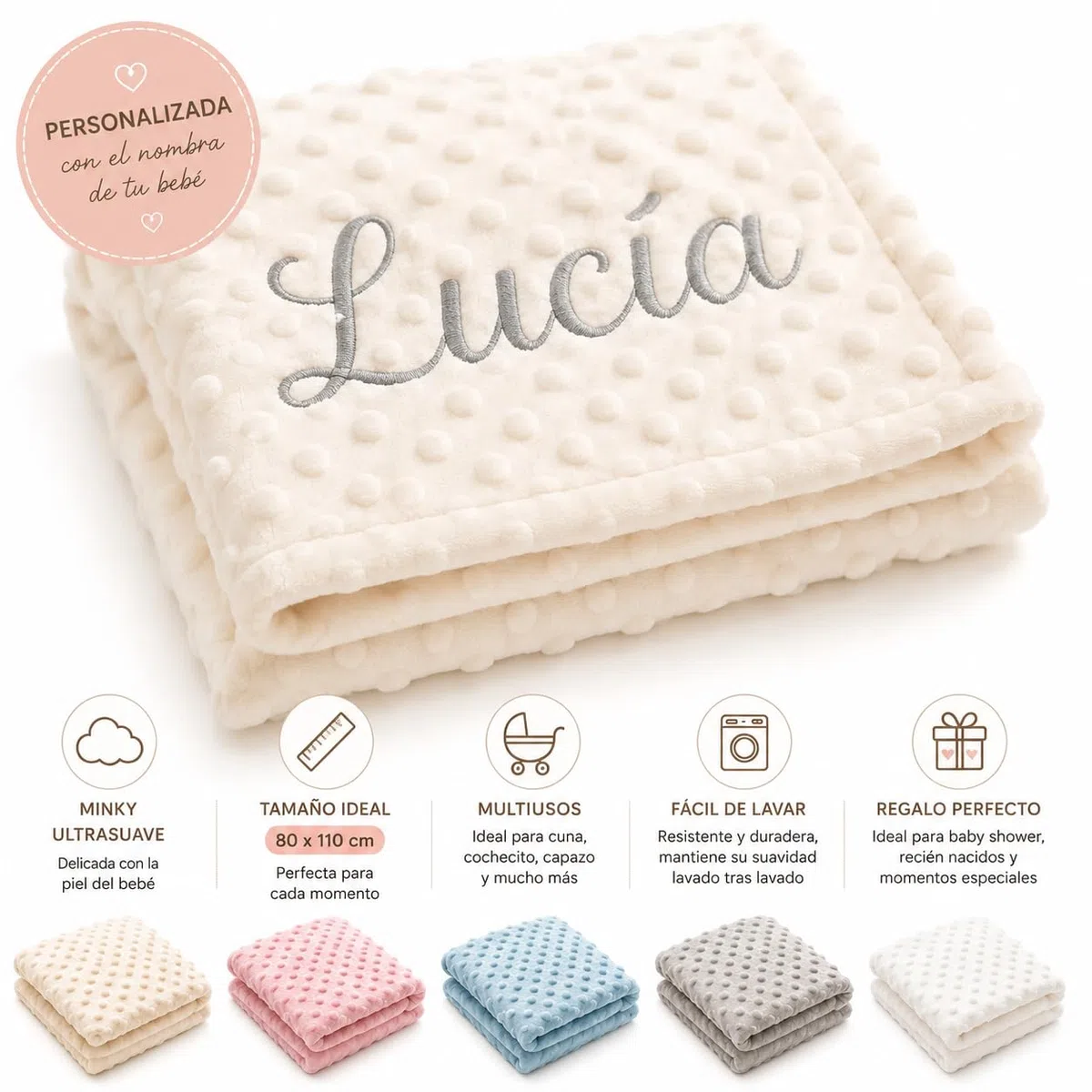 mibebestore Manta Bebe Personalizada Nombre Bordado Terciopelo Suave 80x110 para Cuna Cochecito Capazo Multiusos Facil Lavado Regalo Baby Shower Bautizo Recien Nacido Abrigo Fabricado en España
