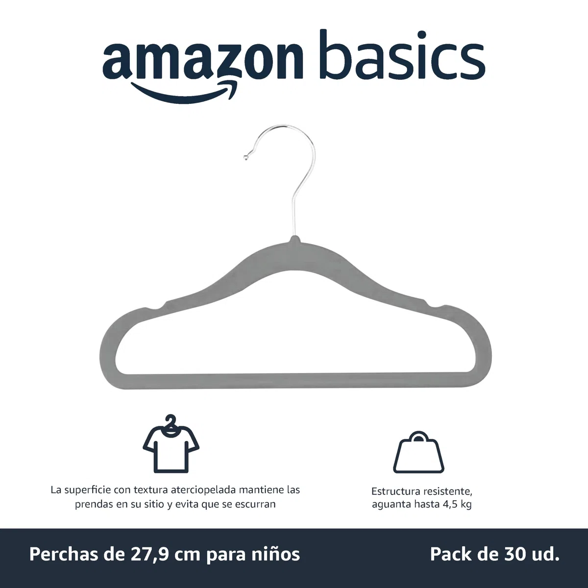 Amazon Basics Perchas Antideslizantes de Terciopelo (Bebés y Niños Pequeños), 29,5cm (para Ropa de Bebé), Paquete de 30, Gris
