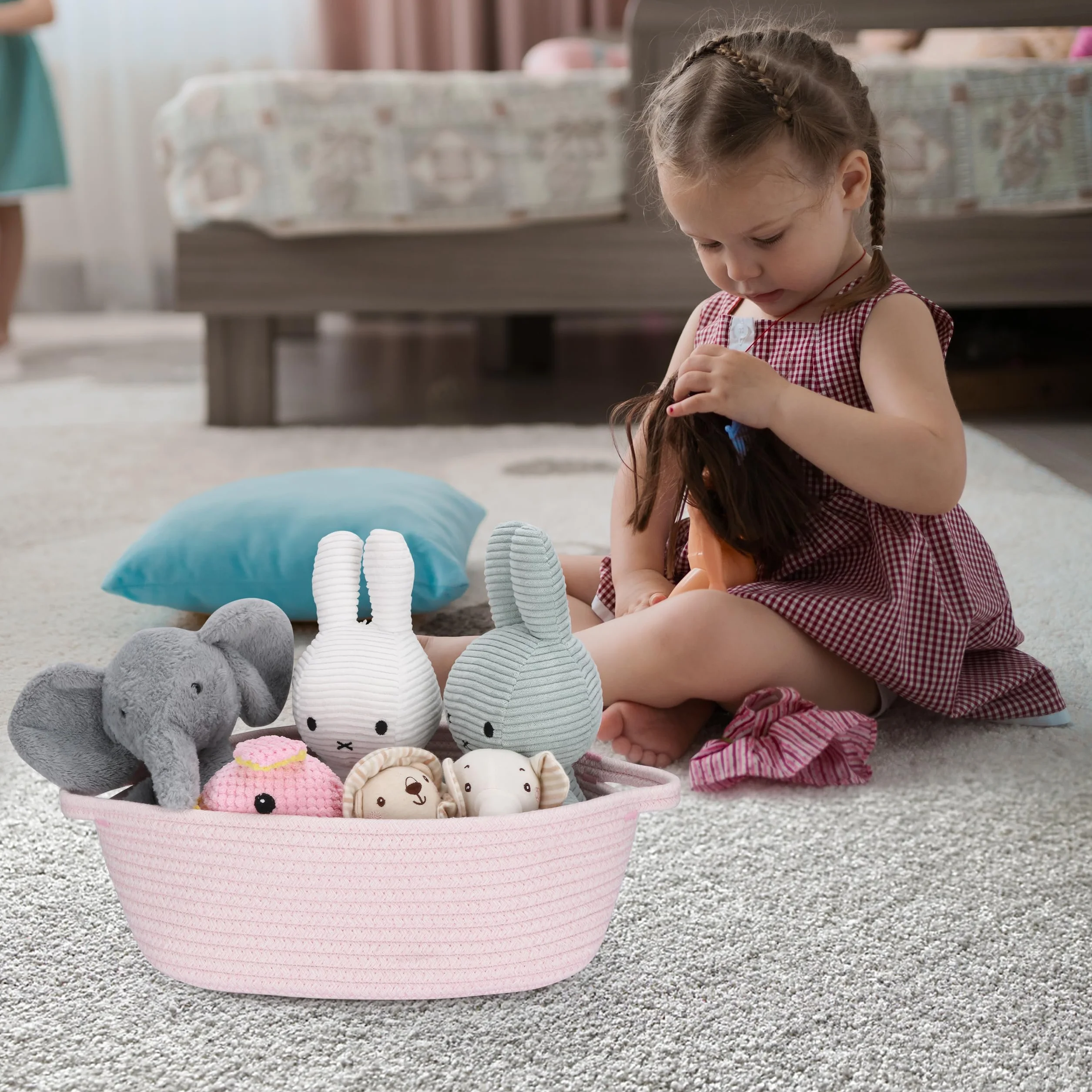 Cestas de regalo vacías, Cesta de almacenamiento de cuerda de algodón trenzada rosa con bolsa y cinta, cesta organizadora pequeña para bebé, juguetes, Baby Shower, cesta tejida decorativa 30x20x12 cm